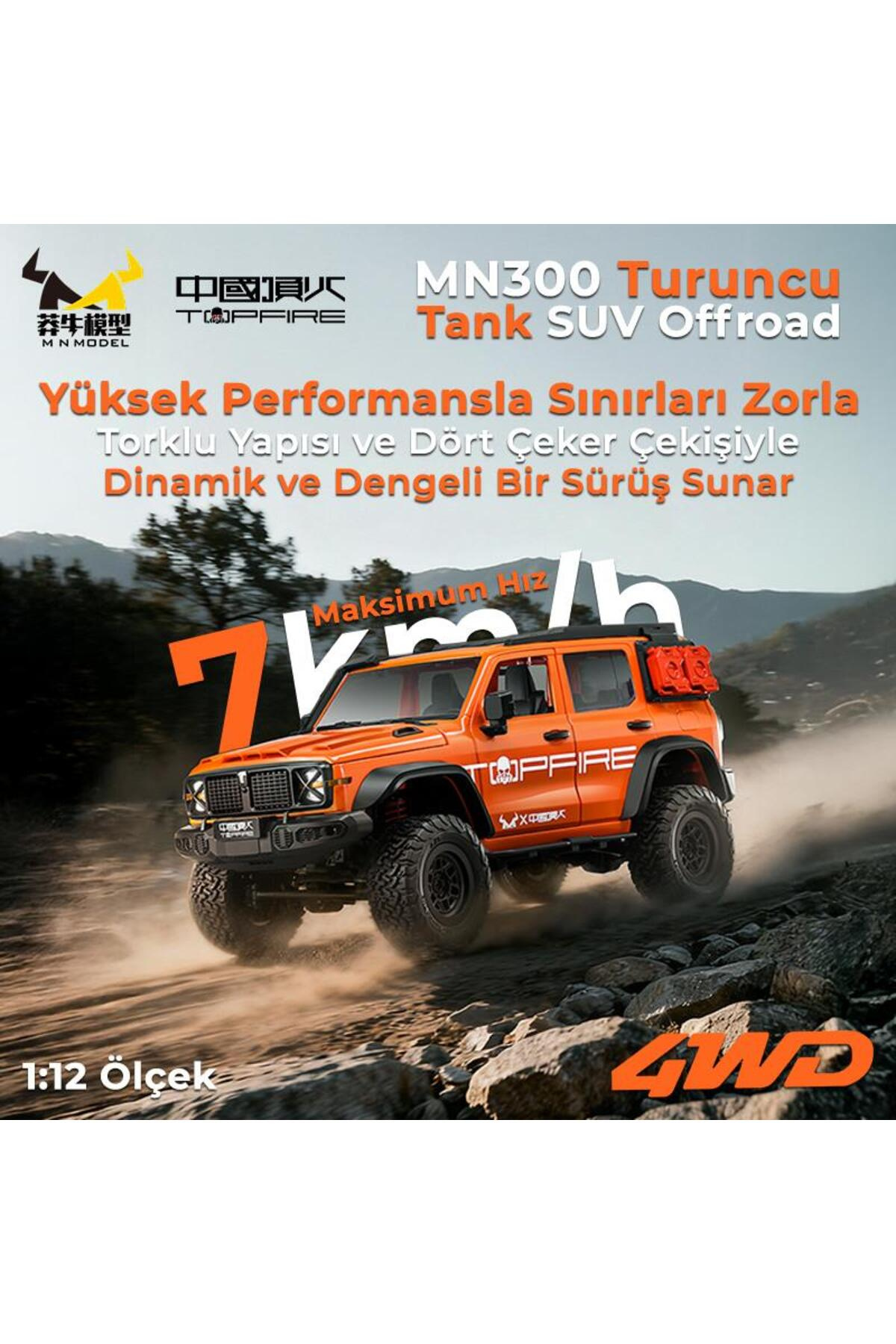 Turuncu arazi aracı, "7" ve "4WD" grafikleriyle tozlu arazide ilerliyor.
