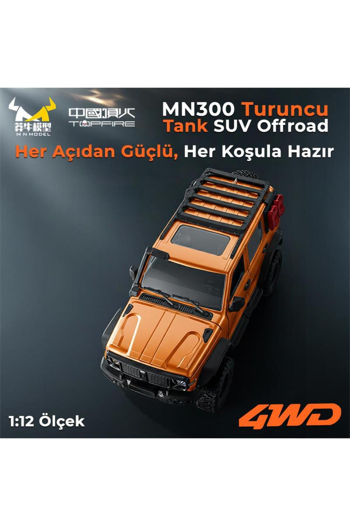 Turuncu MN300 Tank SUV Offroad 1:12, tavan bagajıyla, açılı görünüm.