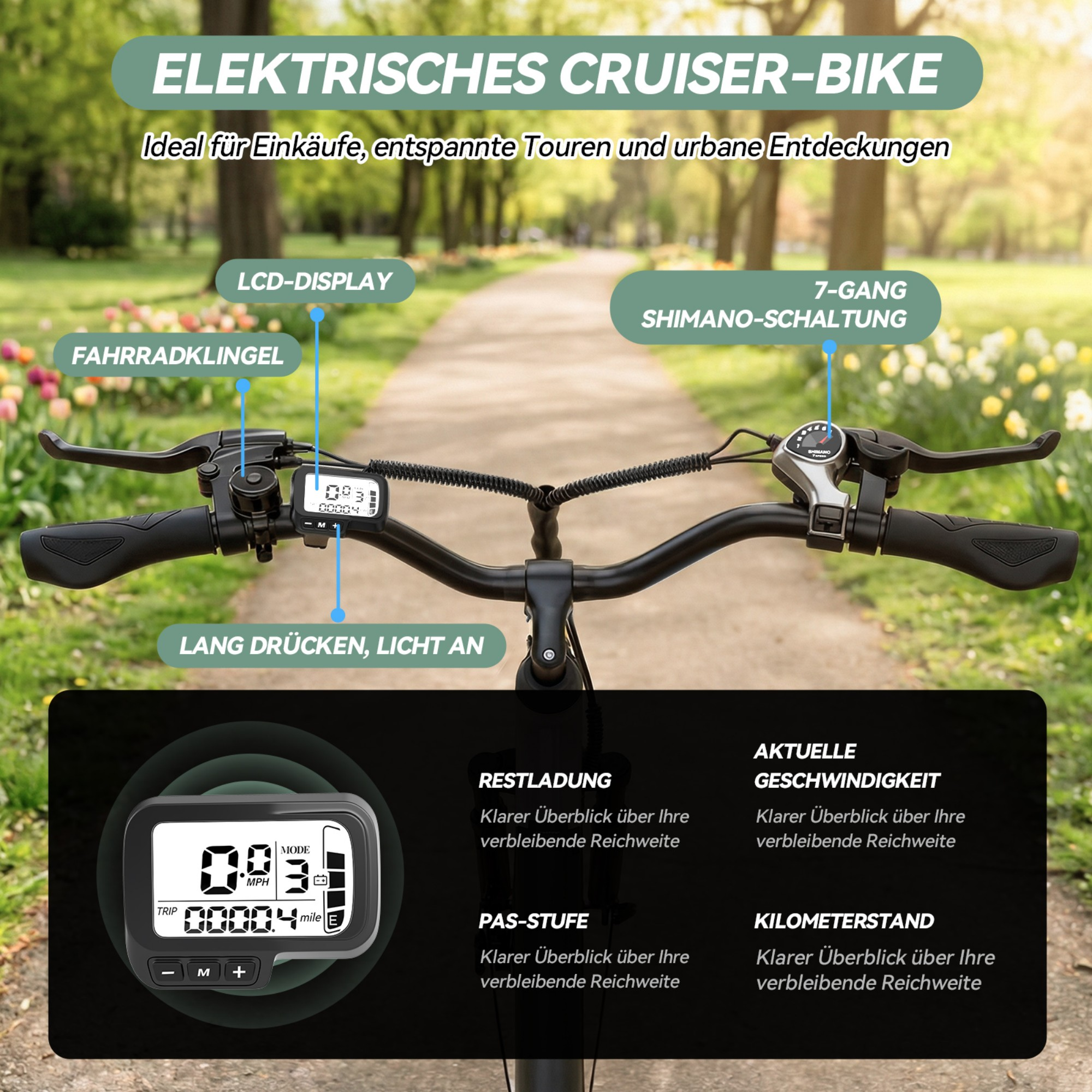 Kierownica roweru elektrycznego z wyświetlaczem LCD, dzwonkiem i przerzutką.