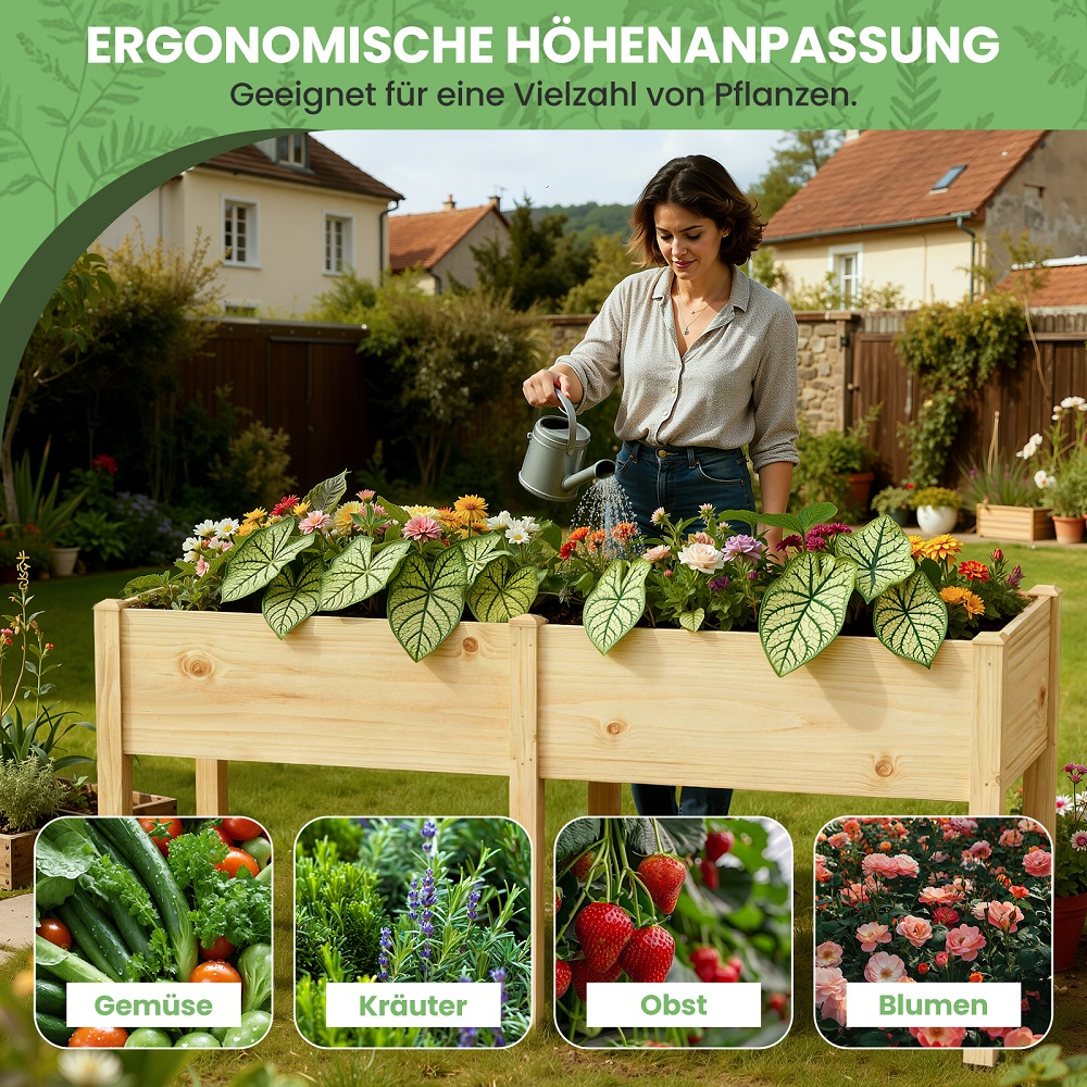 Frau gießt Blumen in einem Hochbeet. Unten: Gemüse, Kräuter, Obst, Blumen.