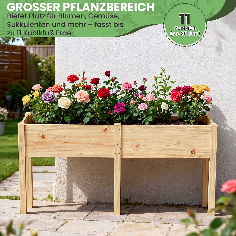 Ein hölzerner Hochbeet mit bunten Rosen in Rot, Rosa, Gelb und Lila.