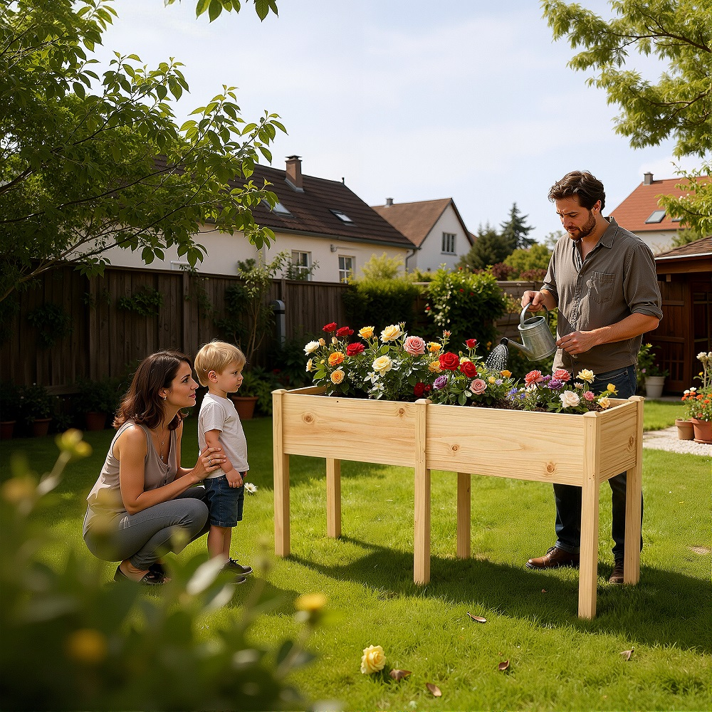 Familie pflegt ein Hochbeet mit bunten Rosen an einem sonnigen Tag in einem Hinterhof.