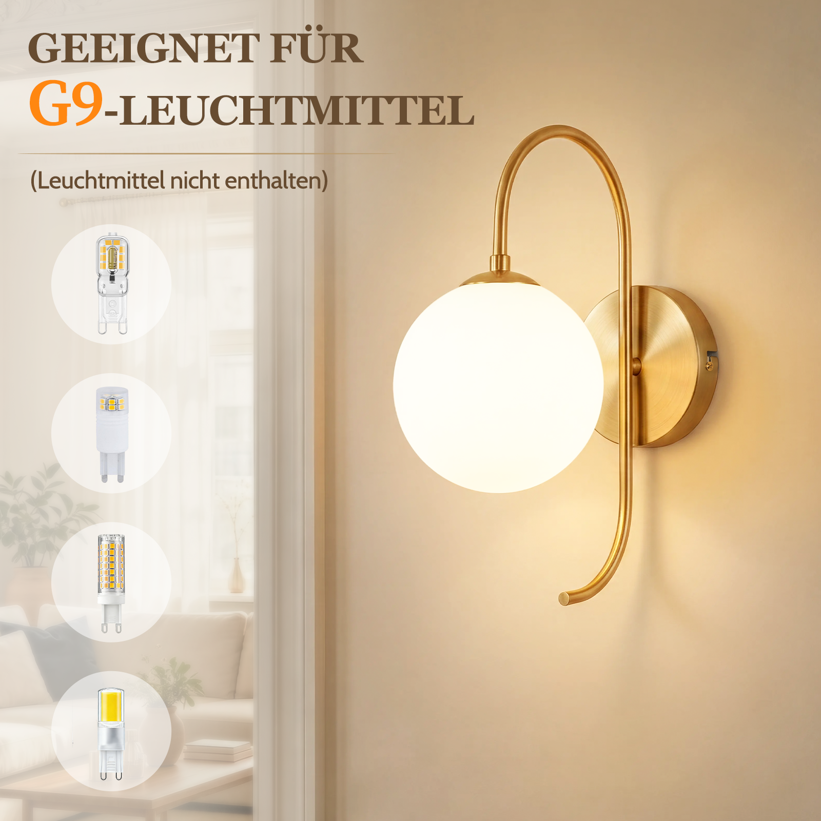 Złota lampa ścienna z białym kloszem w kształcie kuli, obok czterech żarówek G9.