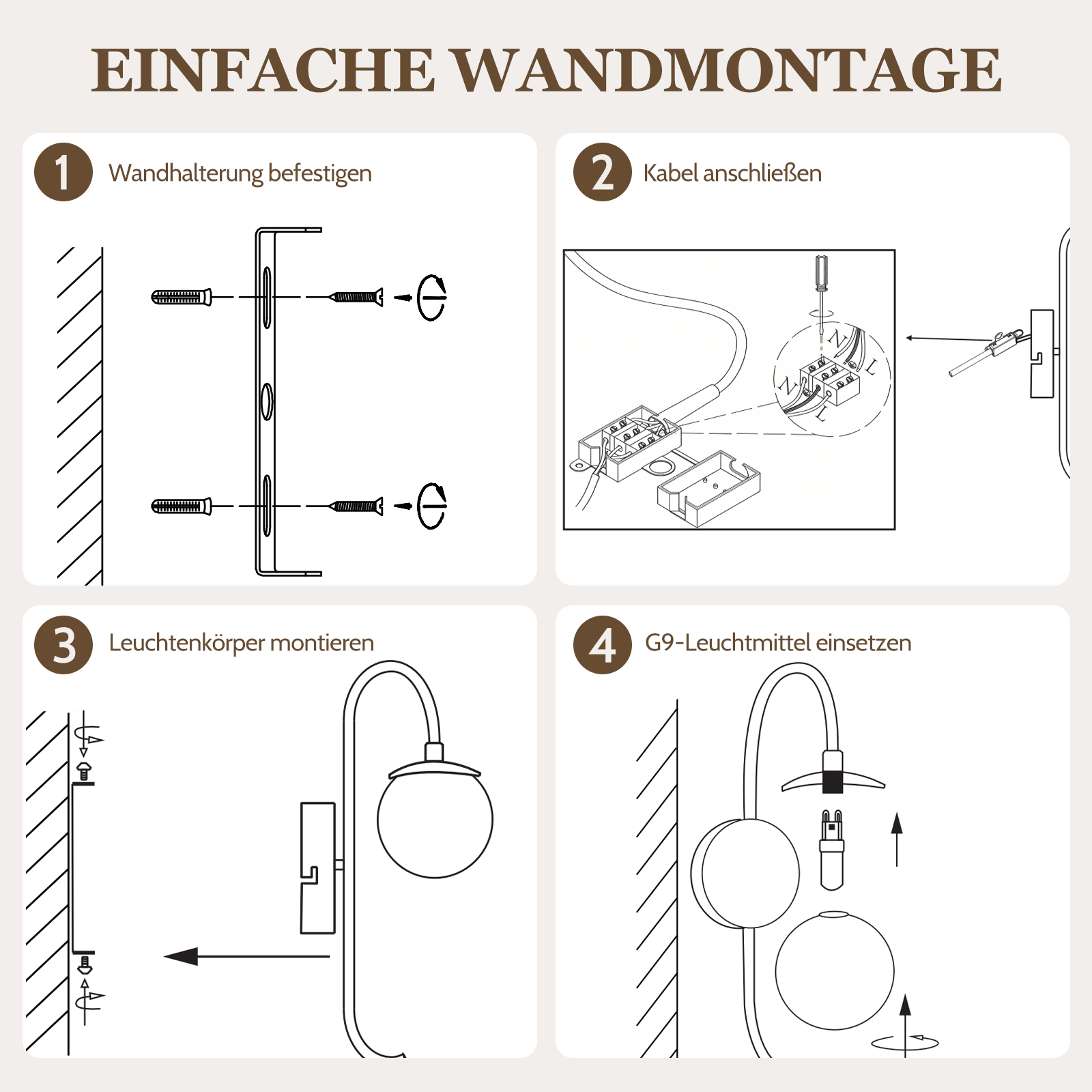 Instrukcja montażu na ścianie: Zamocuj uchwyt, podłącz kabel, zamontuj korpus lampy, włóż żarówkę G9.