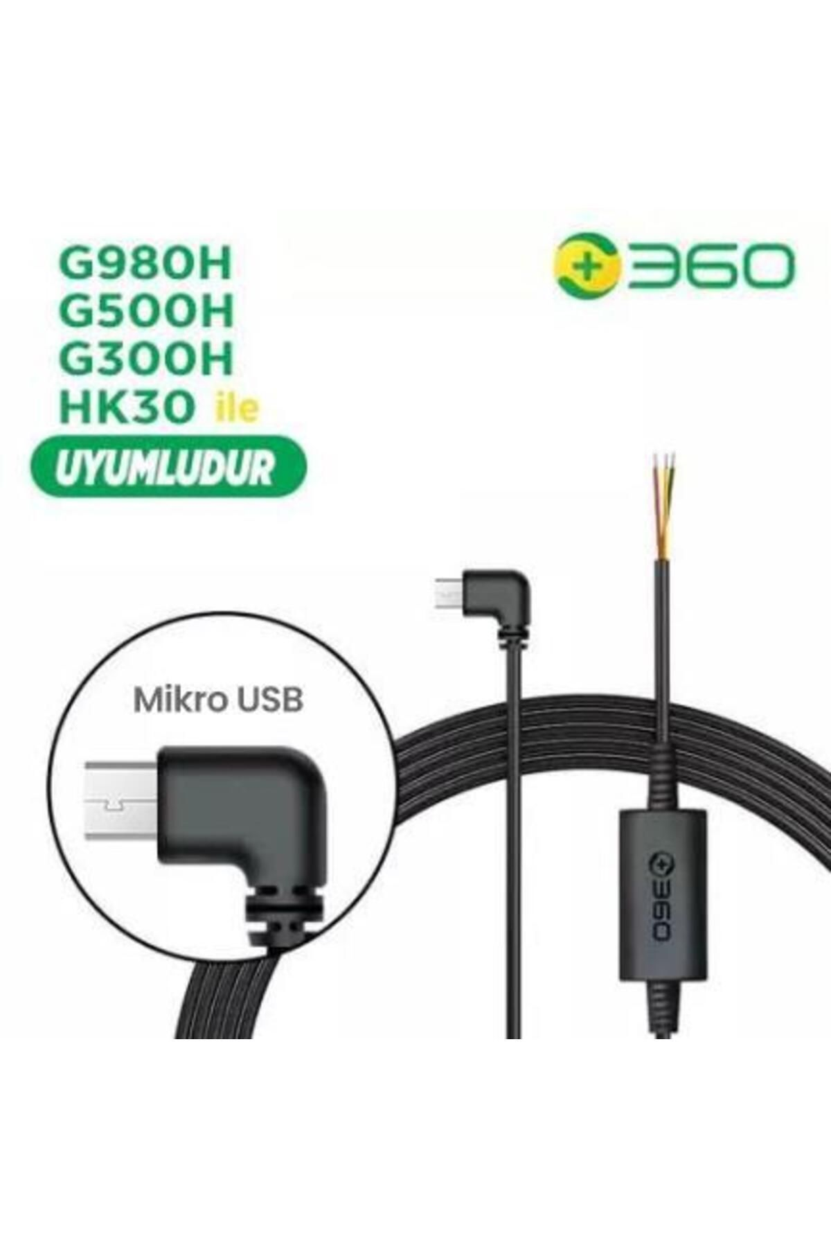 90 derece açılı konektörlü siyah mikro USB kablosu ve 360 logosu.