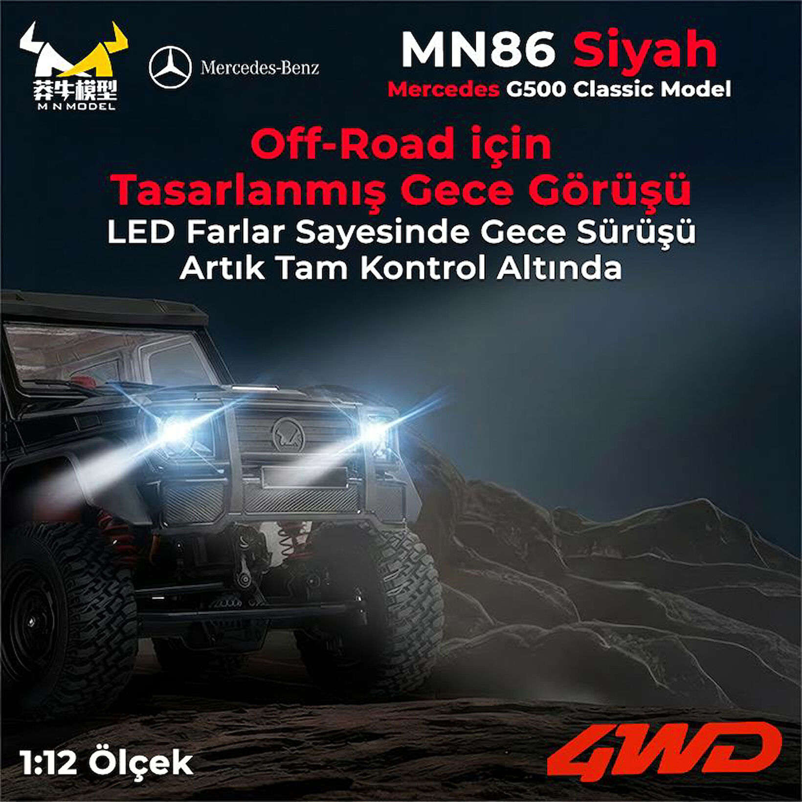 Aydınlatmalı LED farlara sahip siyah 1:12 ölçekli RC Mercedes G500.