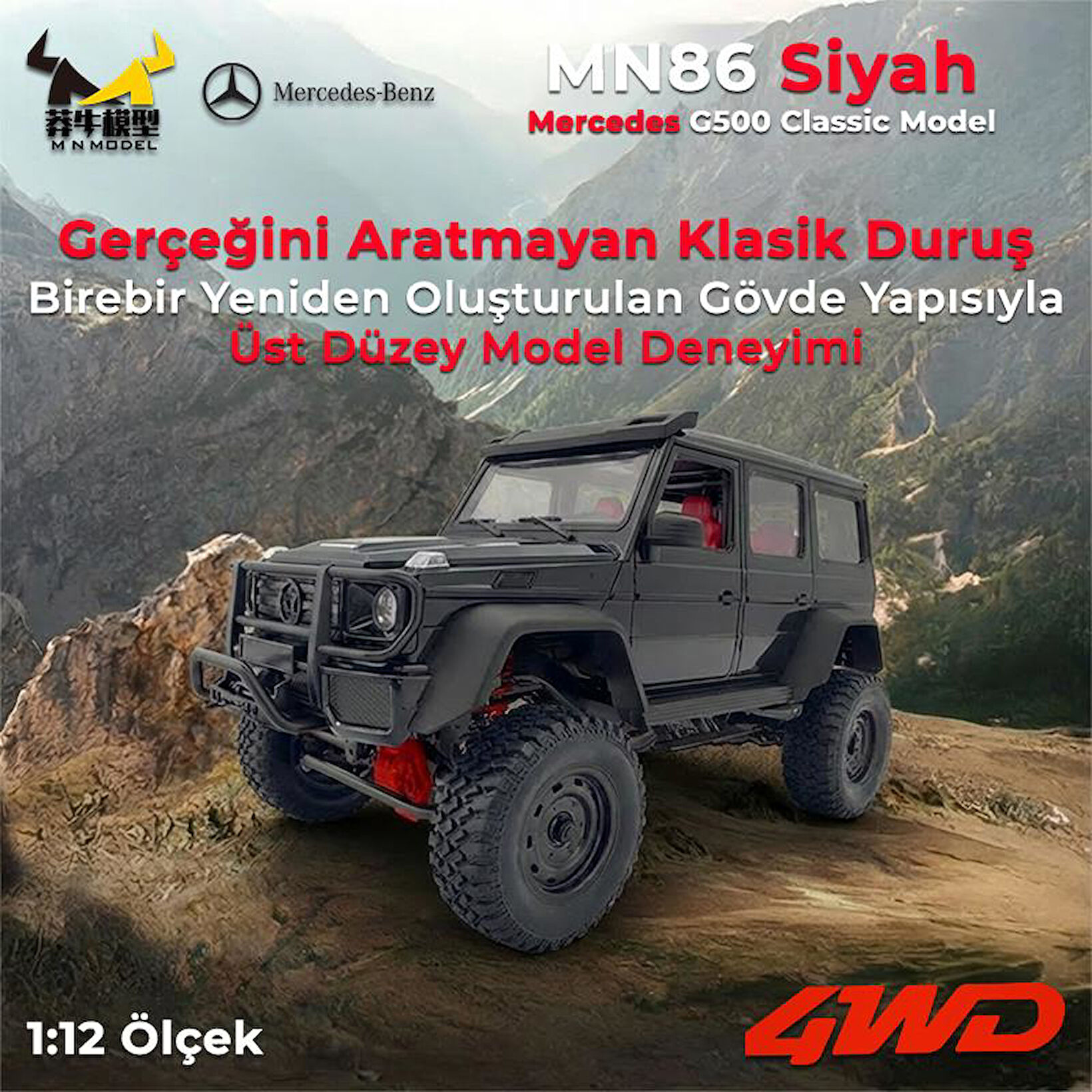 Siyah 1:12 ölçekli Mercedes G500 model araç kayalık arazide.