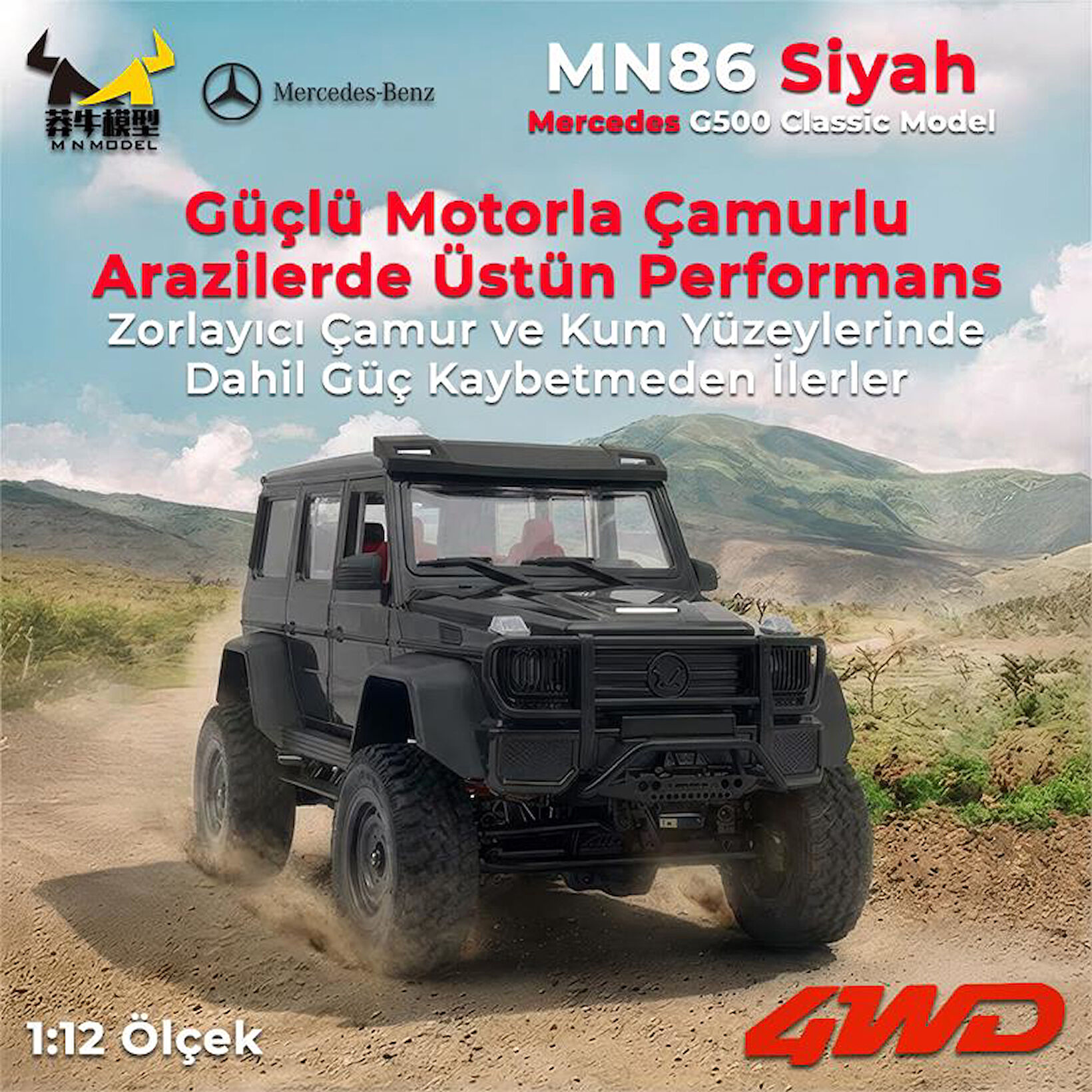 Siyah arazi aracı tozlu yolda ilerliyor, arkada dağlar var.