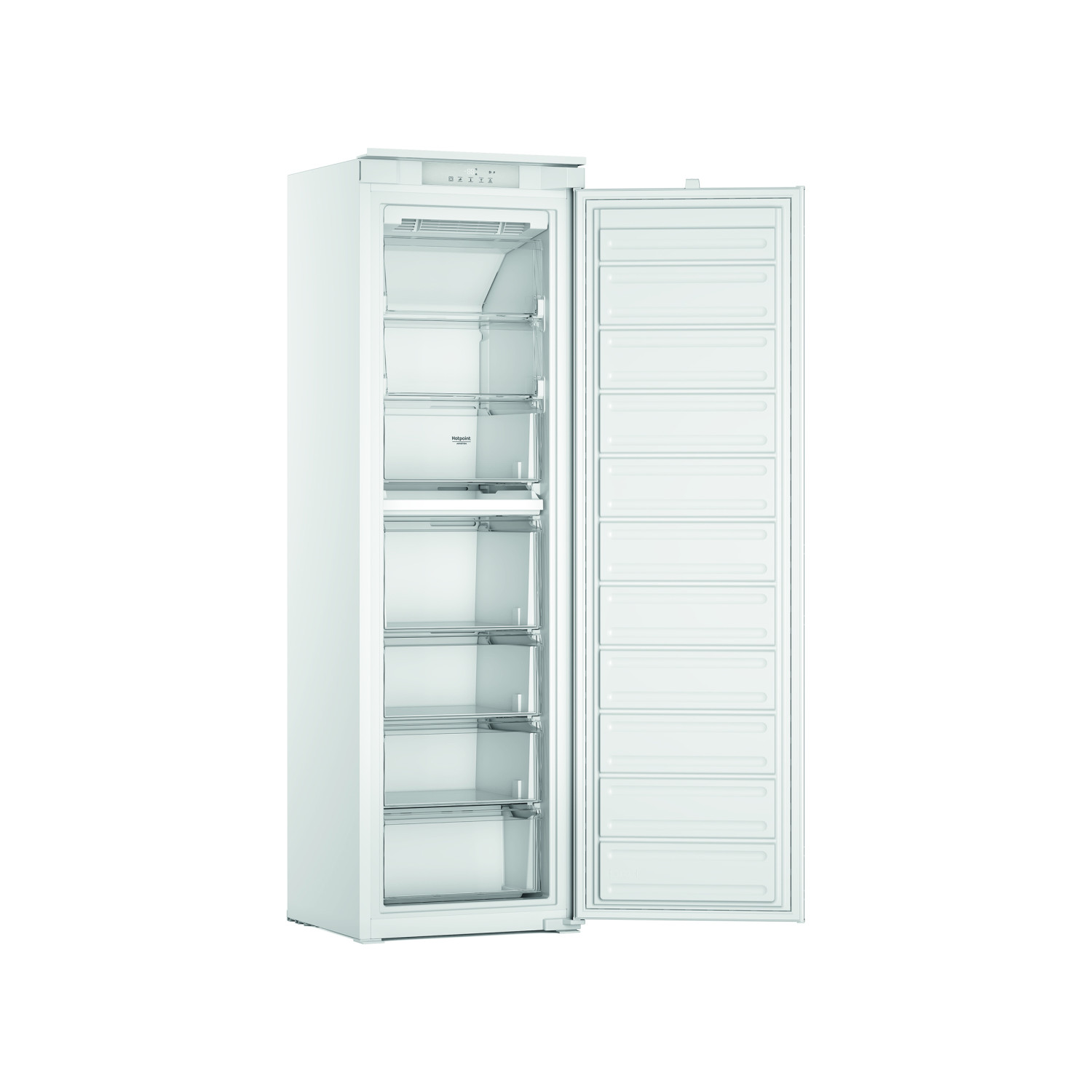 Un frigorifero bianco con porta aperta, con ripiani in vetro all'interno e cassetti sulla porta esterna.