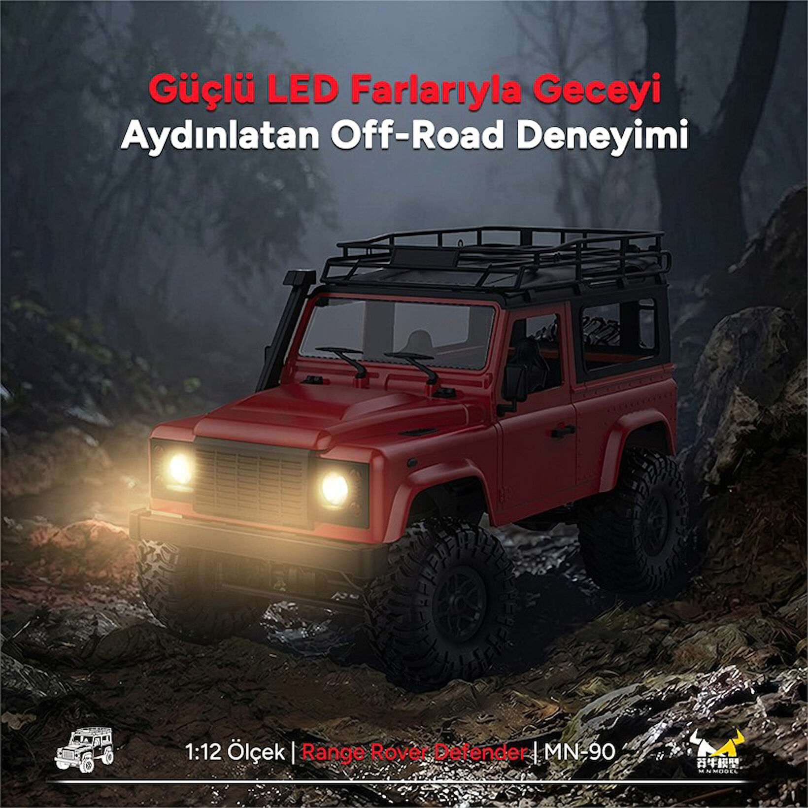 Parlayan farlara sahip kırmızı bir RC arazi aracı karanlıkta ilerliyor.