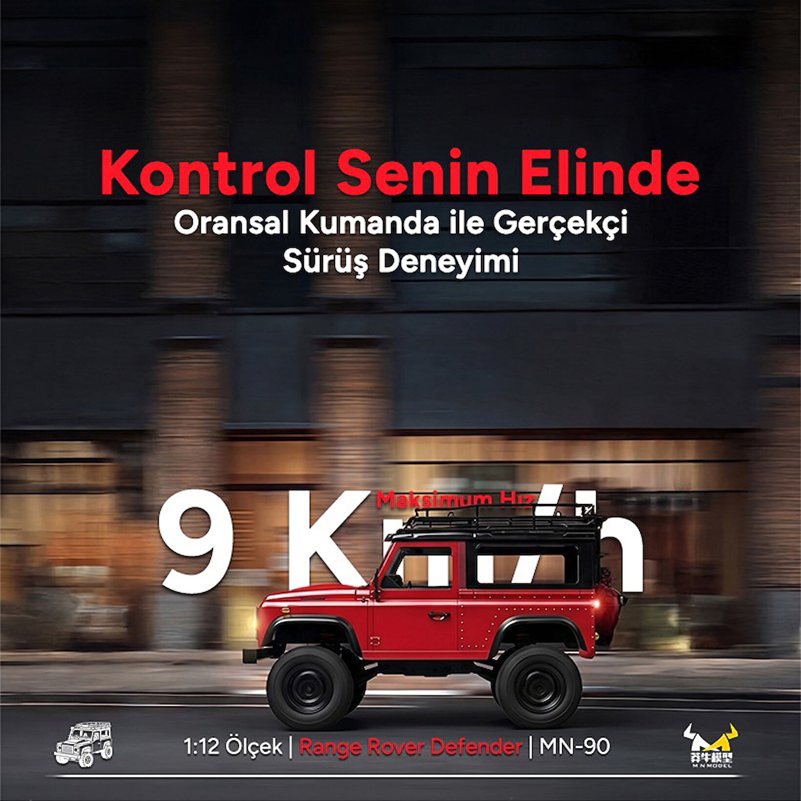 Kırmızı bir Range Rover Defender oyuncak araba yolda gidiyor. Üstünde yazı var.