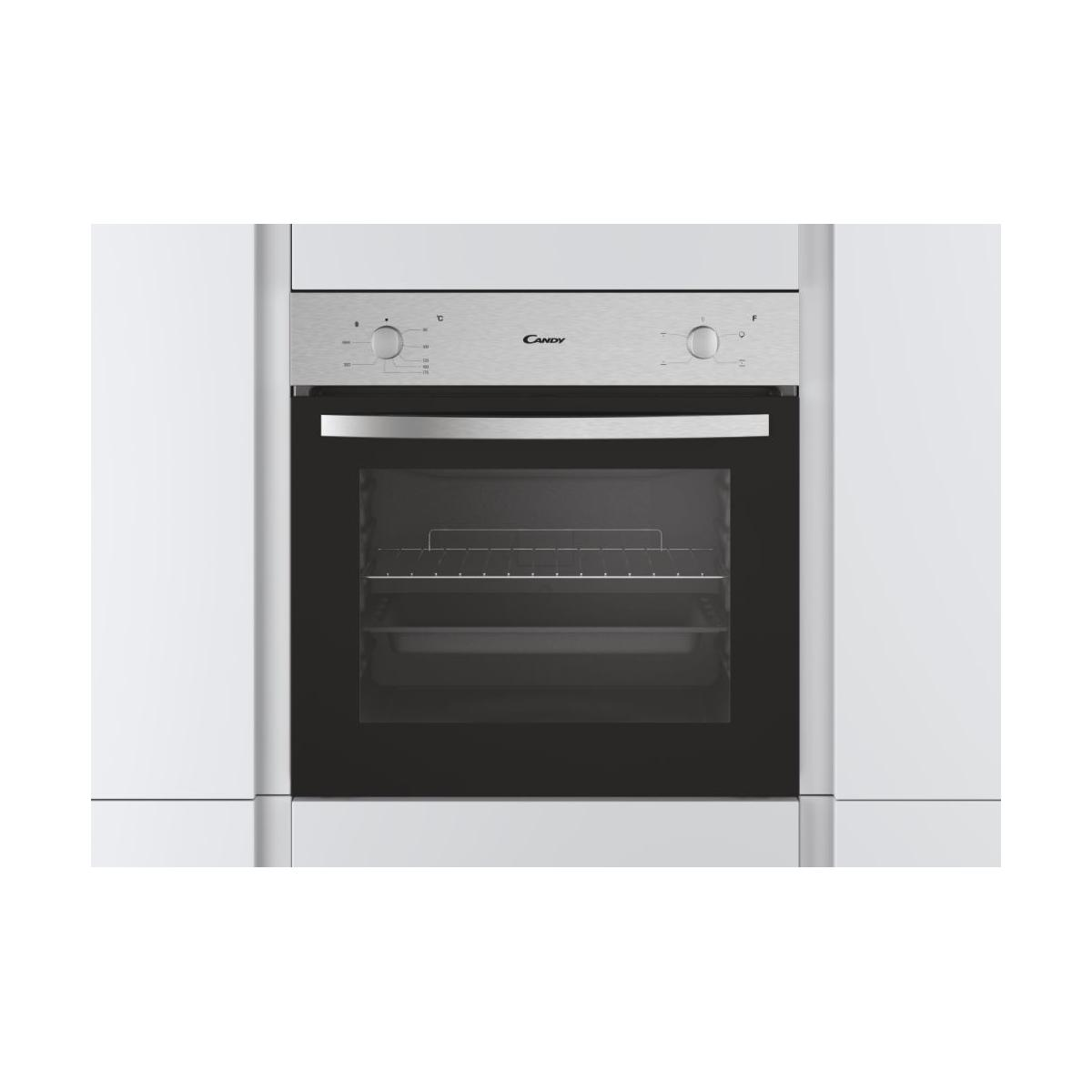 Un forno da incasso argento con porta nera e maniglia argento.