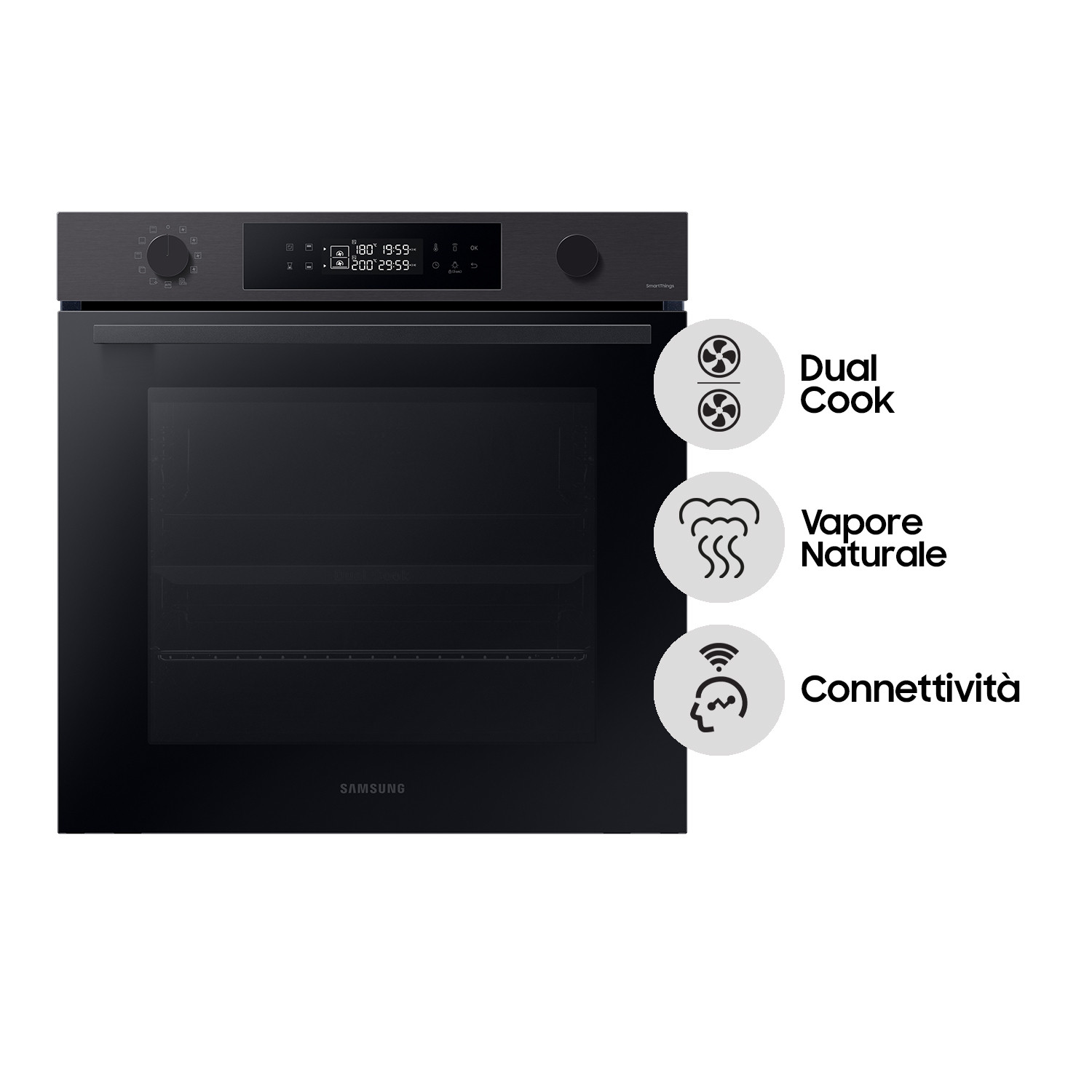 Forno Samsung nero con display digitale e icone per Dual Cook, Vapore e Connettività.