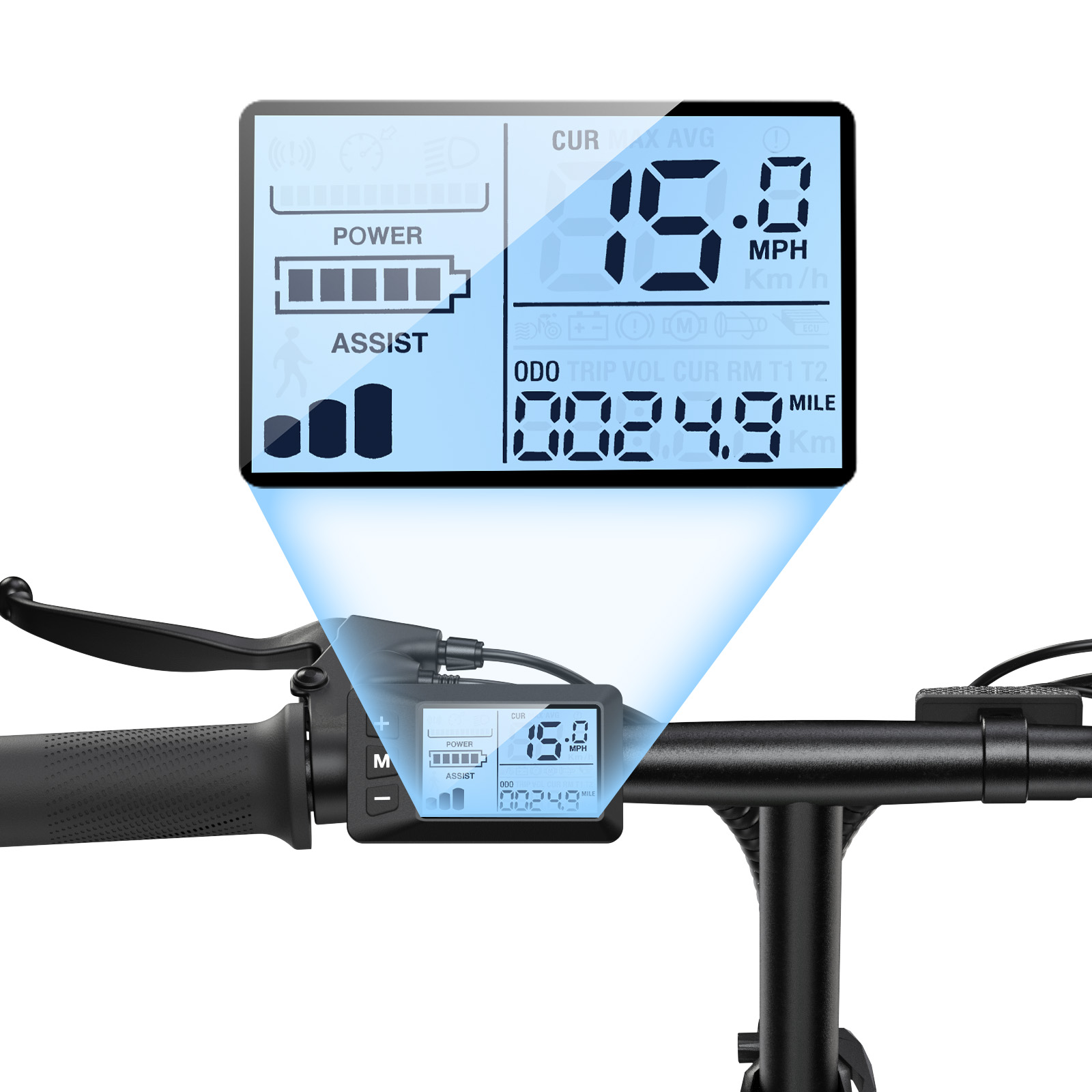 Wyświetlacz roweru elektrycznego: prędkość 15 MPH, licznik 0024.9 mil, poziom baterii.