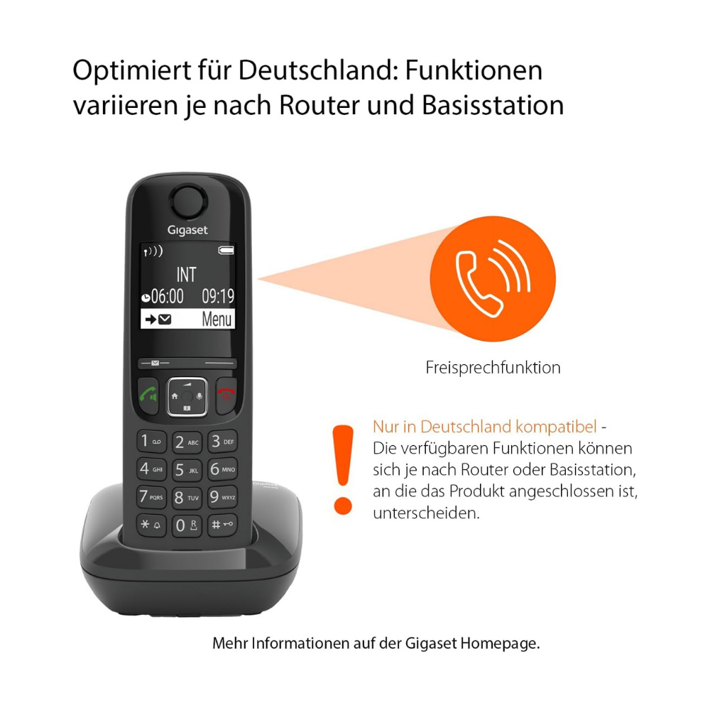 Gigaset Telefon mit Freisprechfunktion, optimiert für Deutschland.