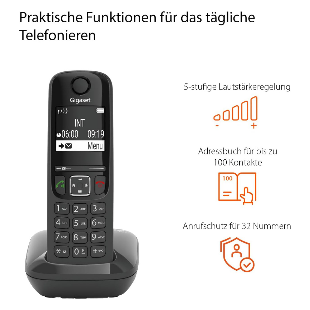 Ein schwarzes Gigaset-Telefon mit numerischer Tastatur und Display.