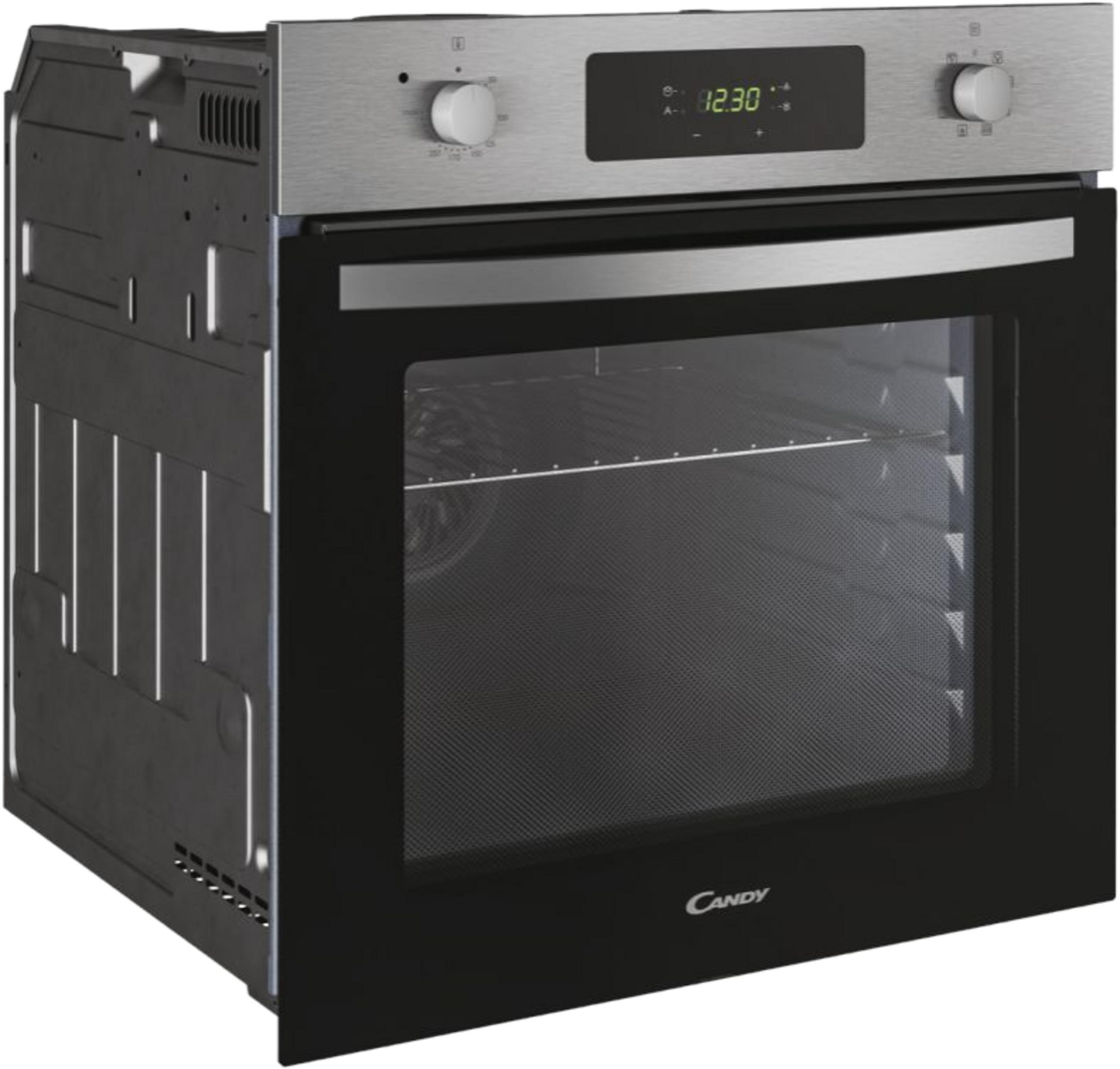 Un horno empotrable con frente negro, detalles de acero inoxidable y pantalla digital.