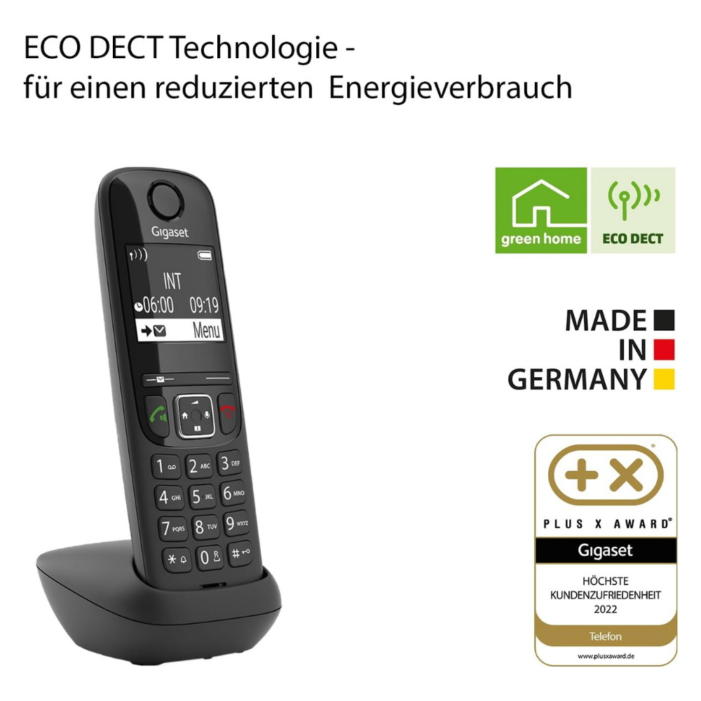 Ein schwarzes schnurloses Gigaset DECT-Telefon mit Ladeschale, Menü und Tasten.