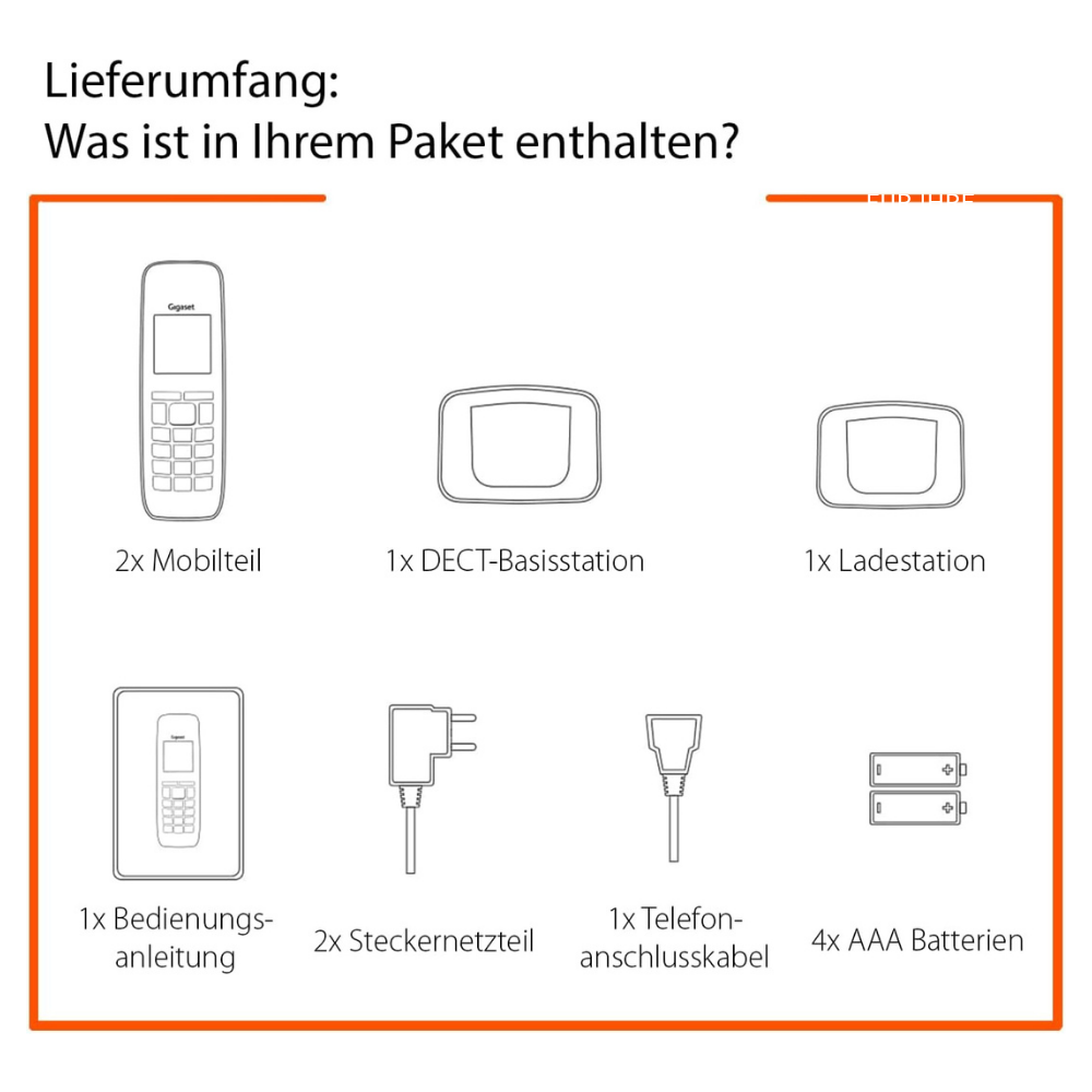 Lieferumfang eines Telefons: 2 Mobilteile, Basisstation, Ladestation, Anleitung, Netzteile, Kabel, Batterien.
