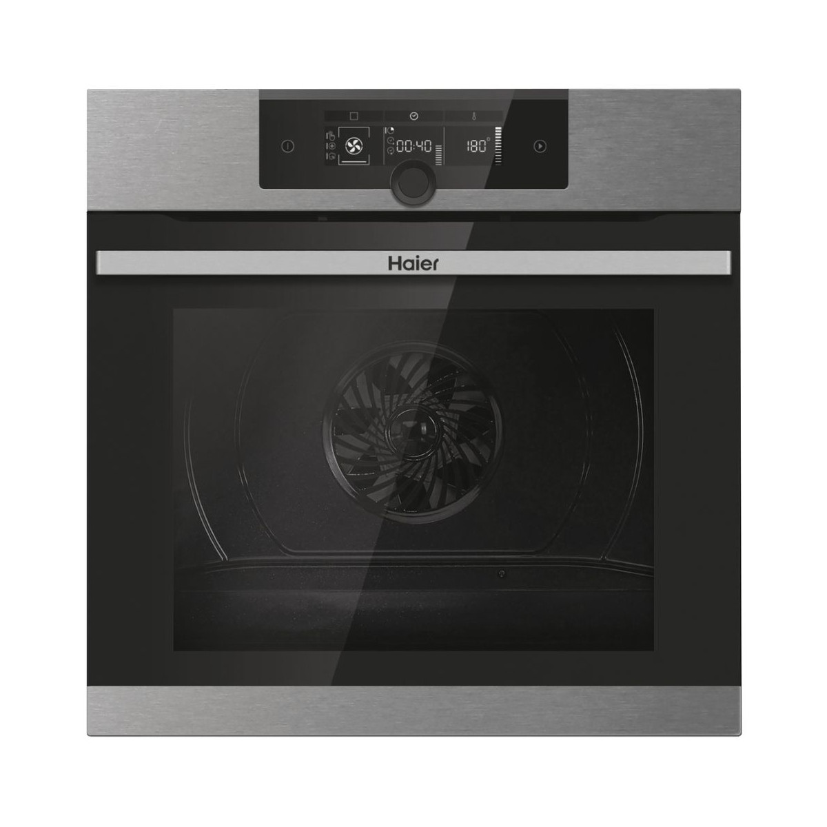 Un moderno forno Haier con display digitale e porta in vetro.