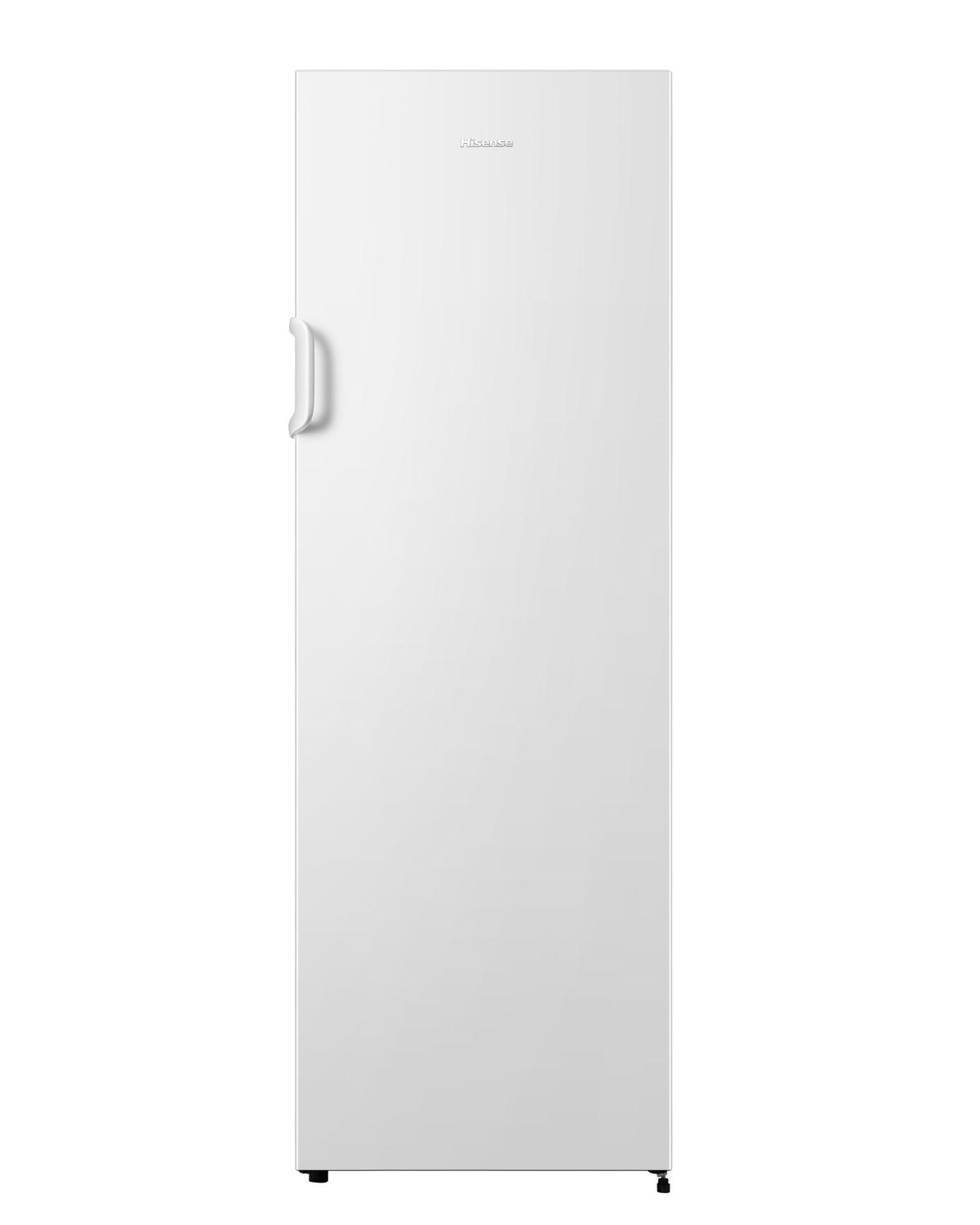 Un frigorifero Hisense bianco con una maniglia sul lato sinistro.