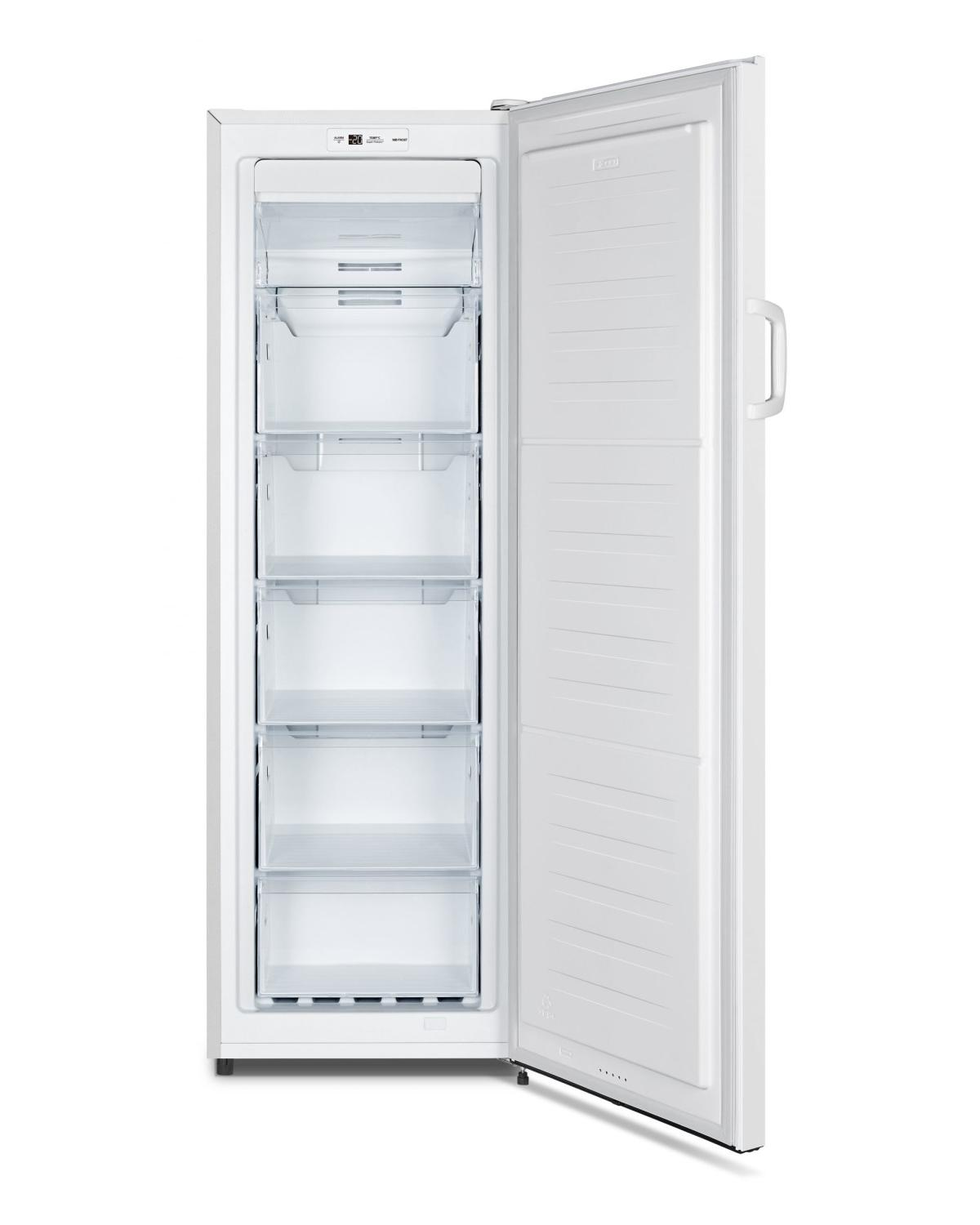 Un congelatore bianco aperto con cinque cassetti e display digitale.