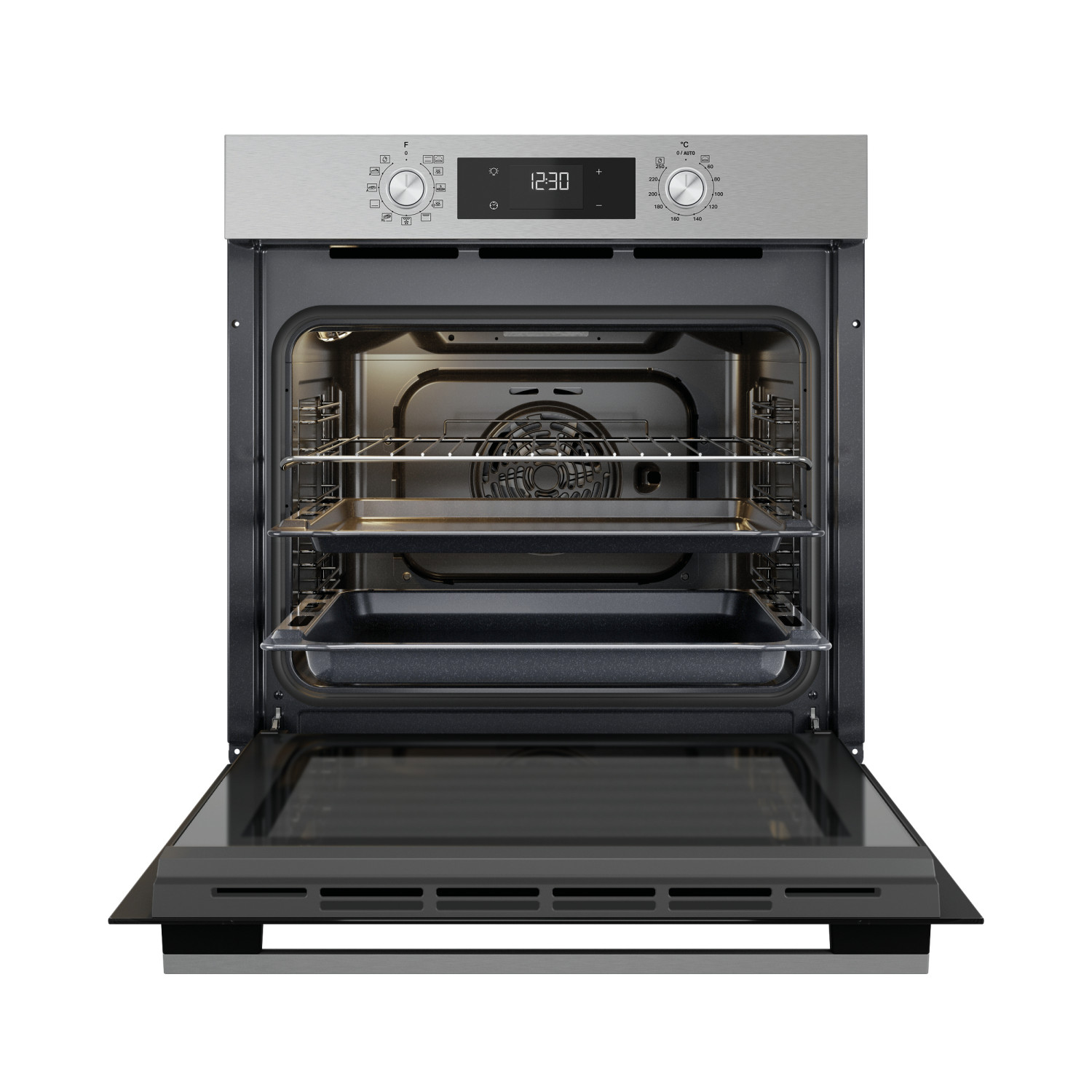 Un forno da incasso in acciaio inox aperto con display digitale e due griglie.