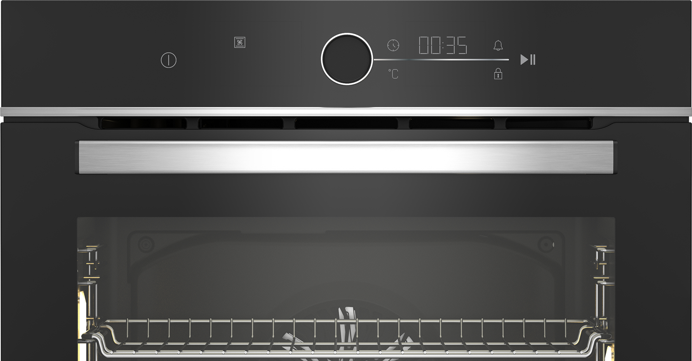 Forno da incasso nero moderno con display digitale e maniglia in metallo.