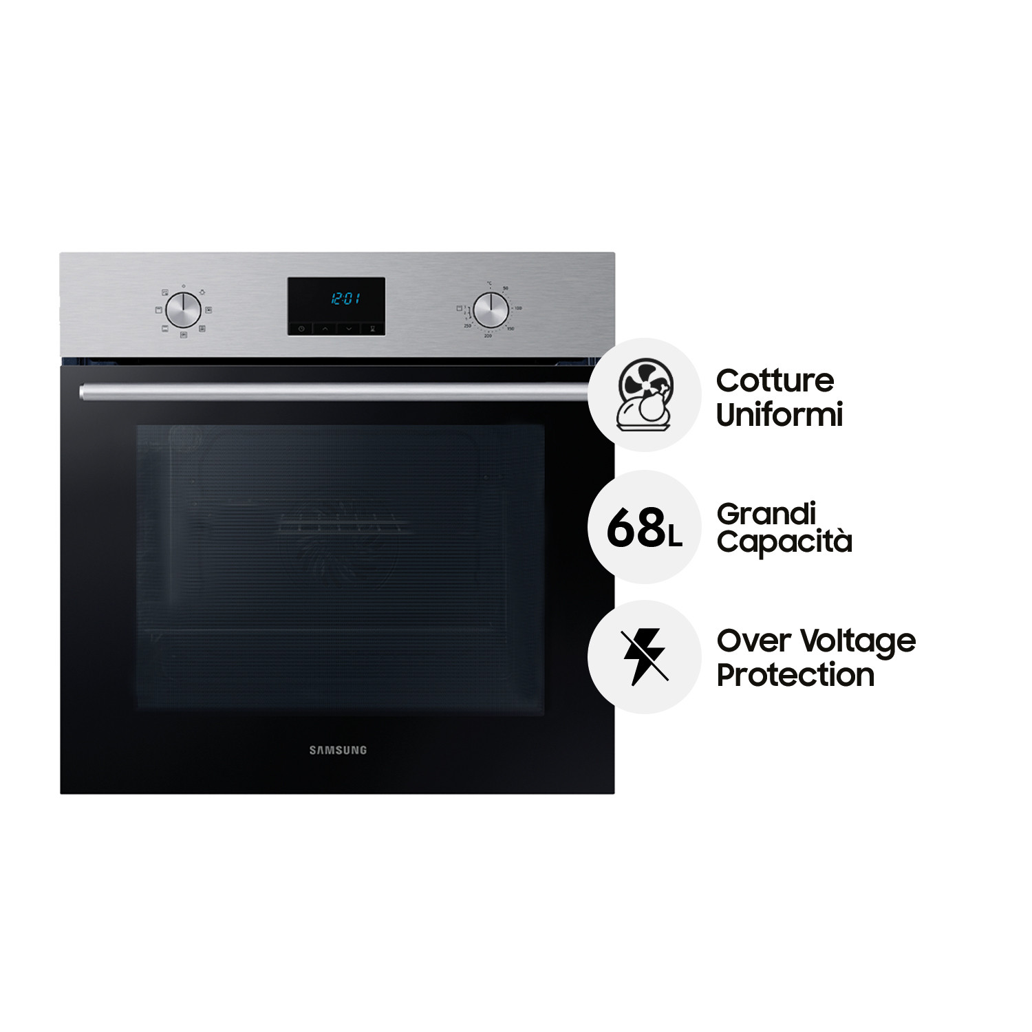 Un moderno forno da incasso argento con porta in vetro nero e controlli digitali.