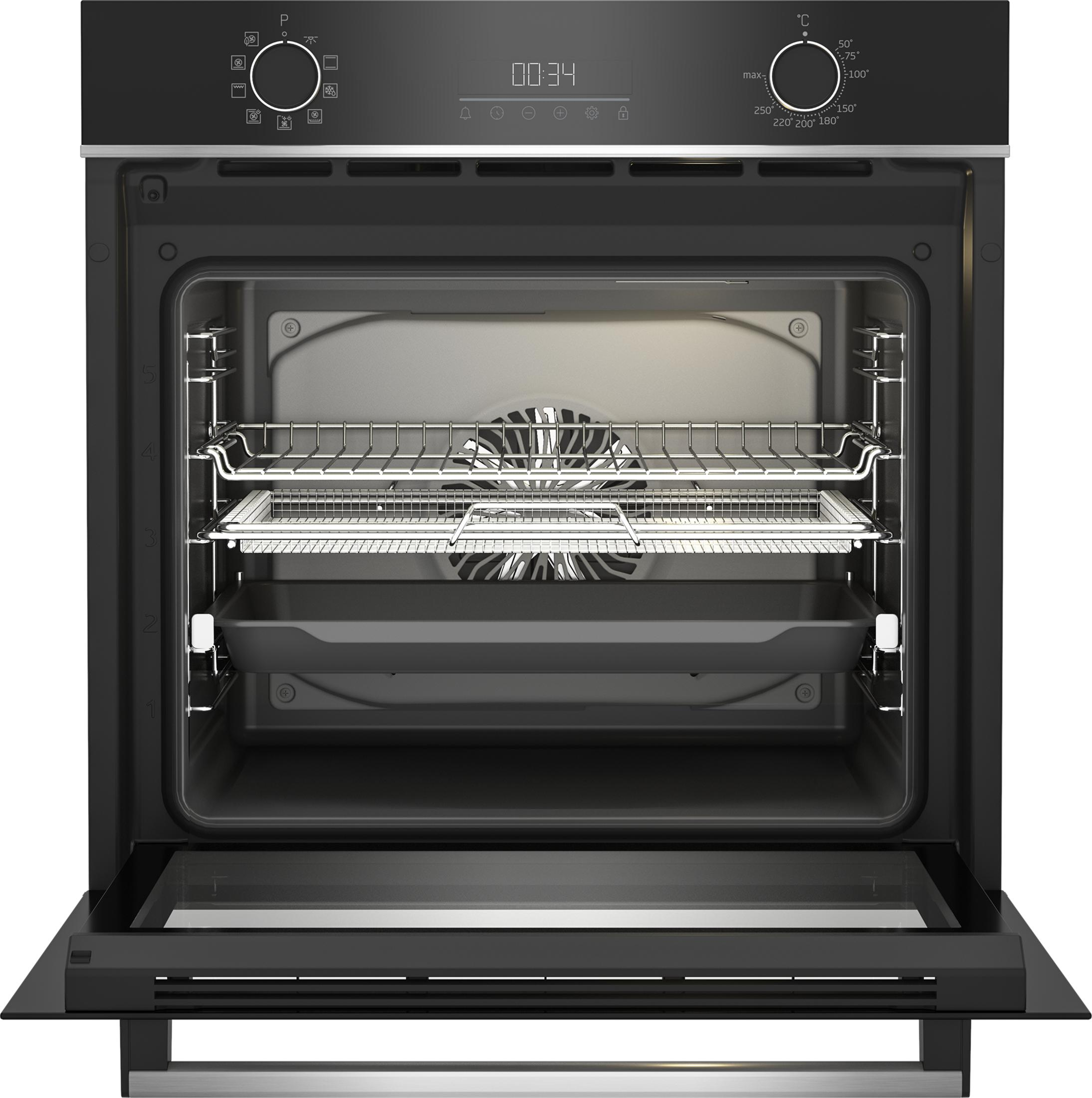 Un forno da incasso nero aperto con due griglie e una leccarda.