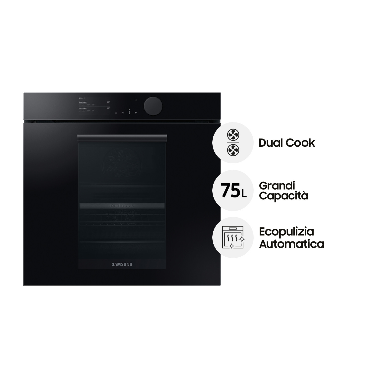 Forno Samsung nero con touchscreen, Dual Cook, 75L e pulizia automatica.