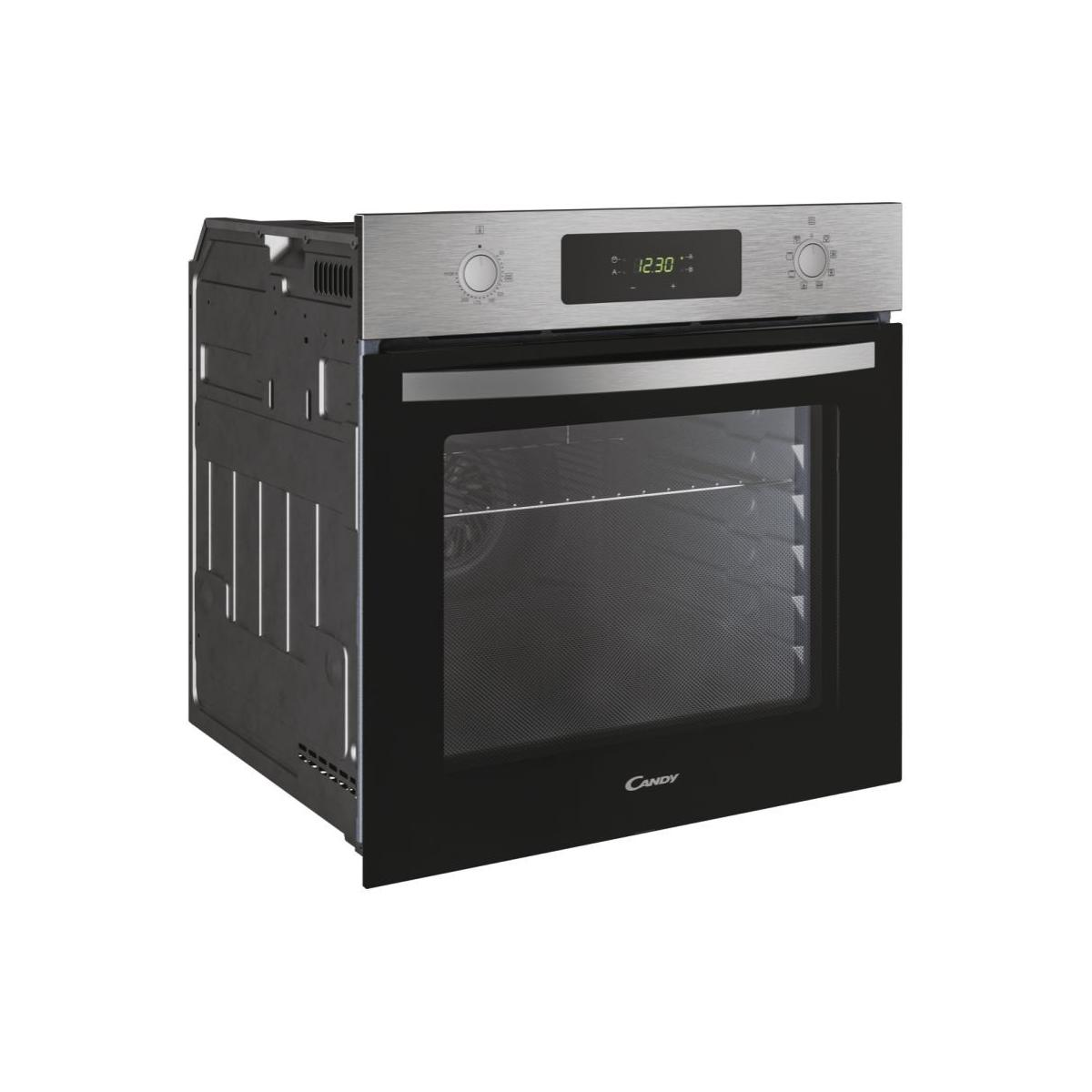 Un moderno forno da incasso Candy in acciaio inox e vetro nero con display digitale.