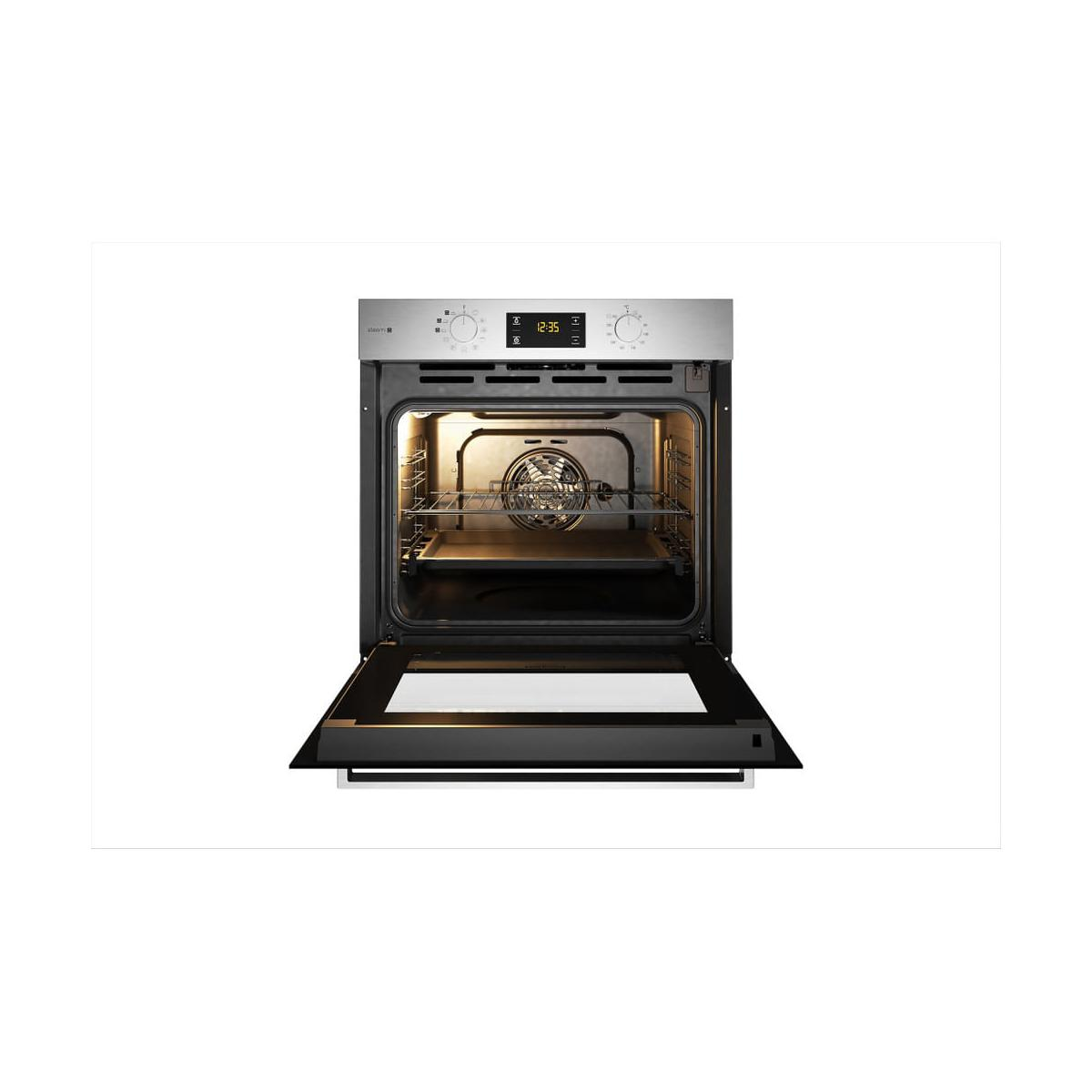Forno da incasso in acciaio inox aperto con comandi argentati e display digitale dell'ora.