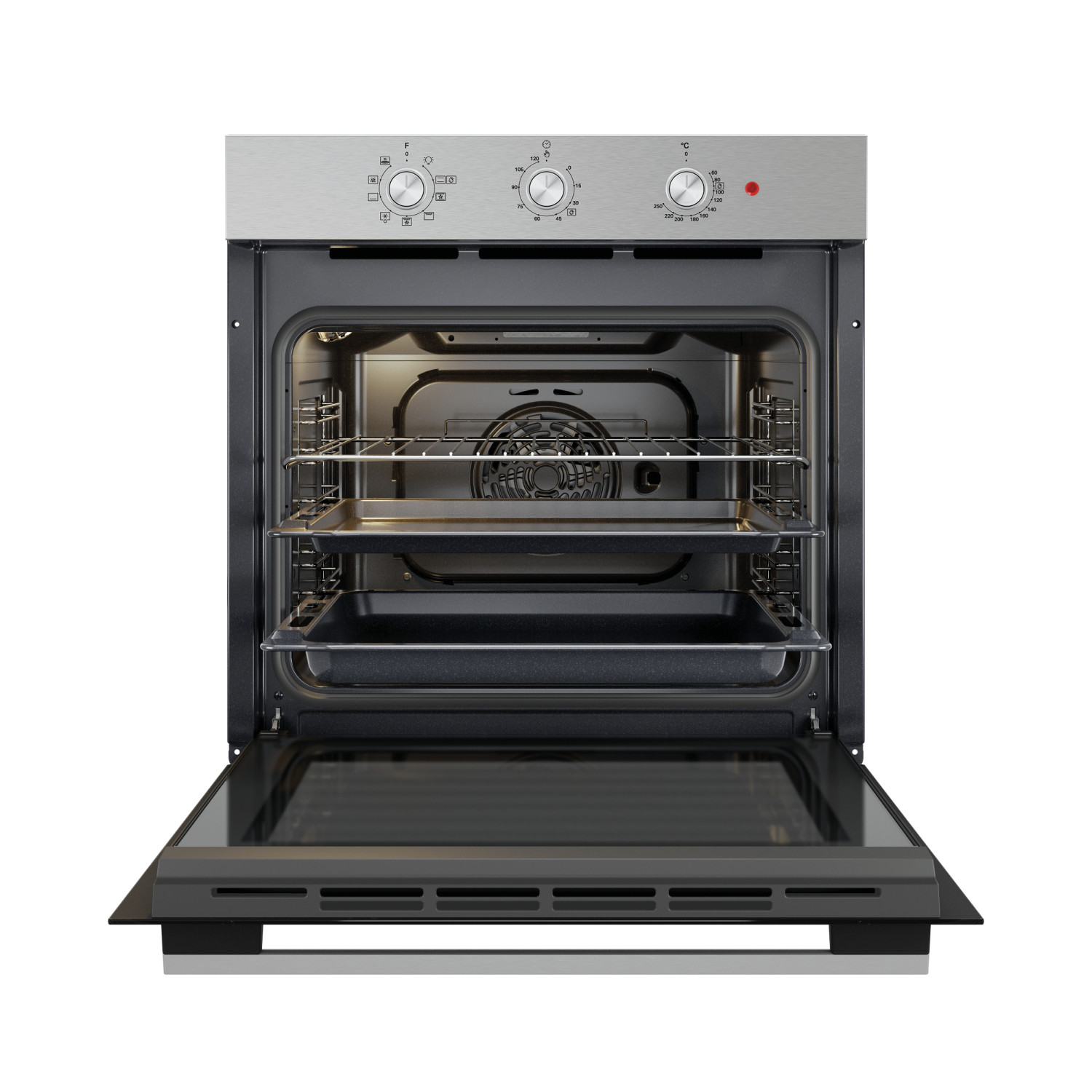 Un forno da incasso moderno con porta aperta, mostra due griglie.
