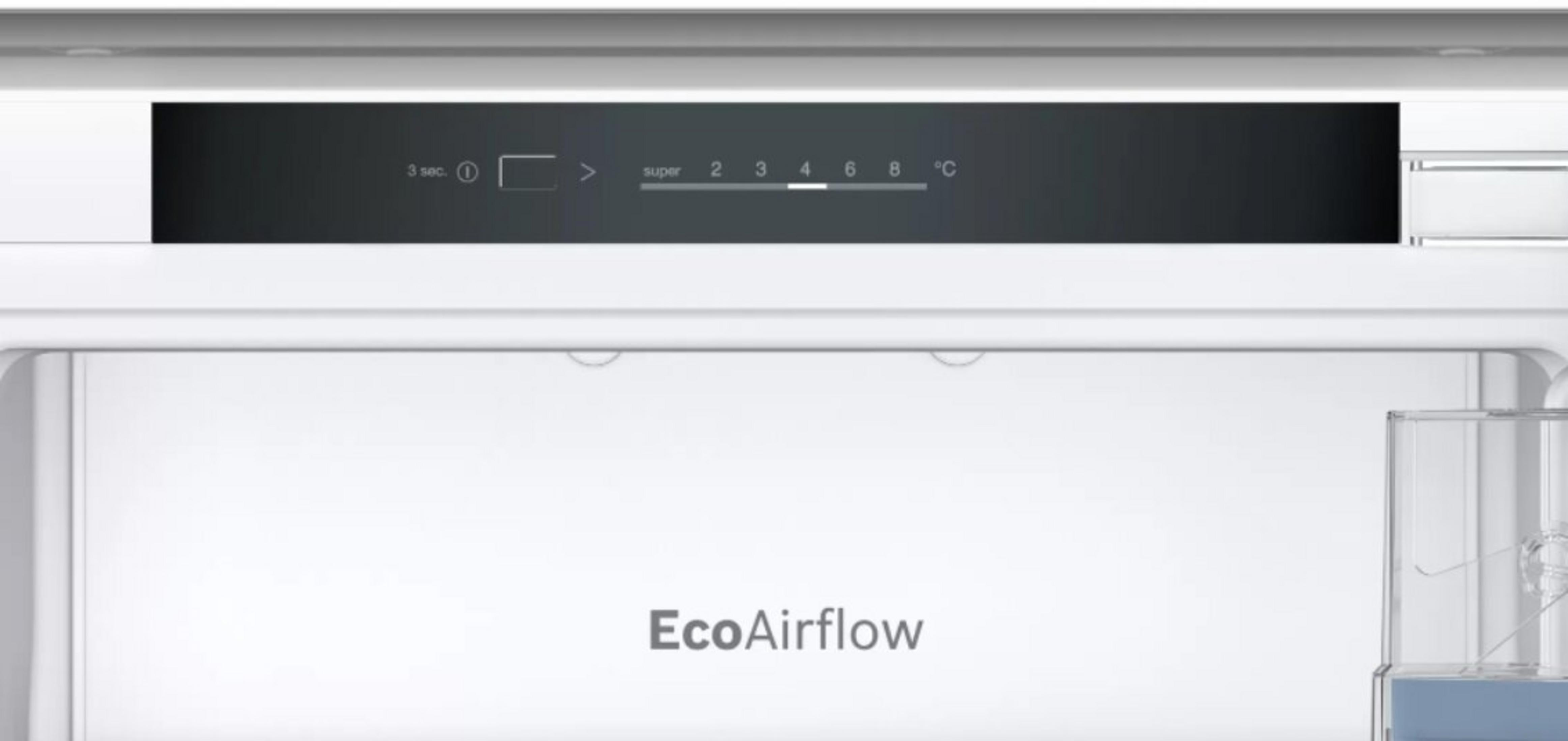Cyfrowy wyświetlacz z kontrolą temperatury i napisem "EcoAirflow".