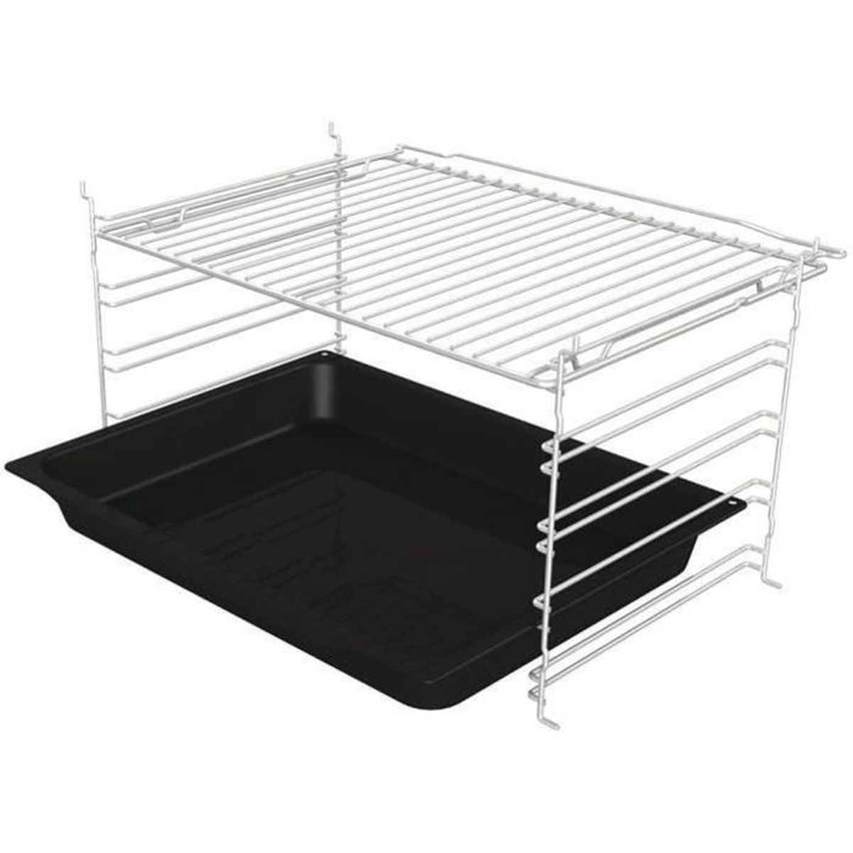 Una griglia da forno bianca con una teglia nera.