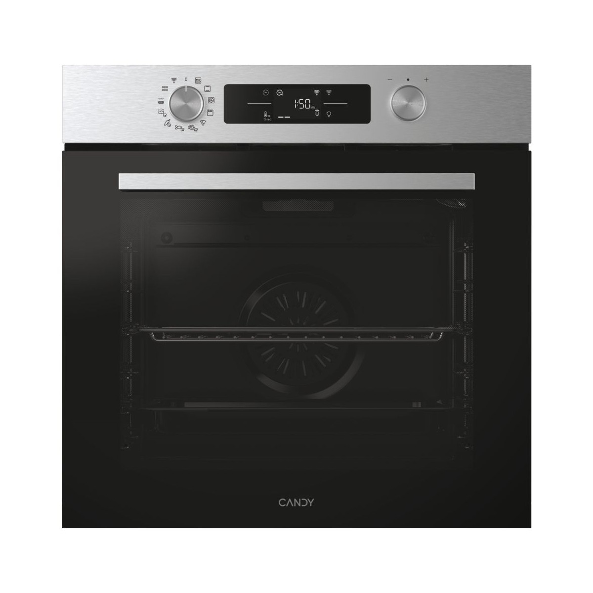 Un forno da incasso moderno argento e nero con display digitale e pulsanti di controllo.