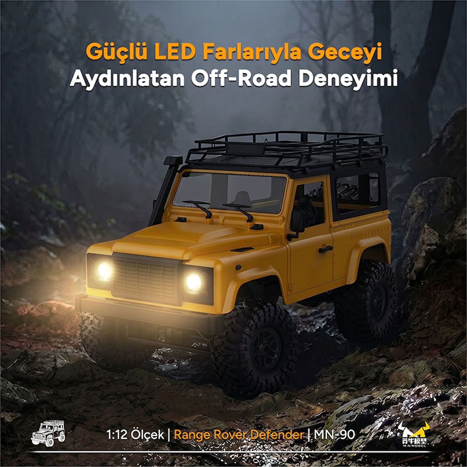 Aydınlatmalı farlara sahip sarı arazi aracı çamurlu arazide ilerliyor.