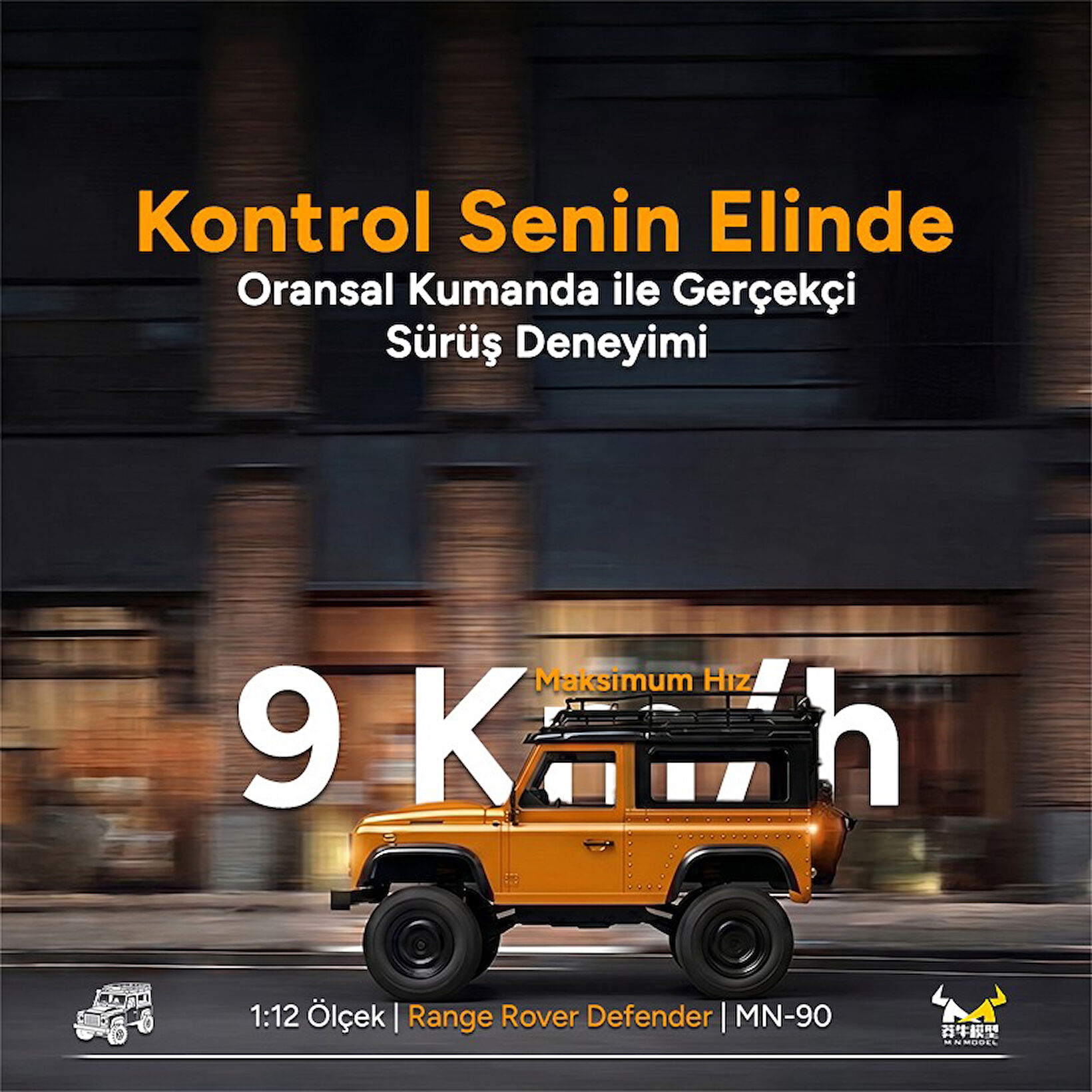 Tavan bagajlı turuncu arazi aracı sokakta ilerliyor.