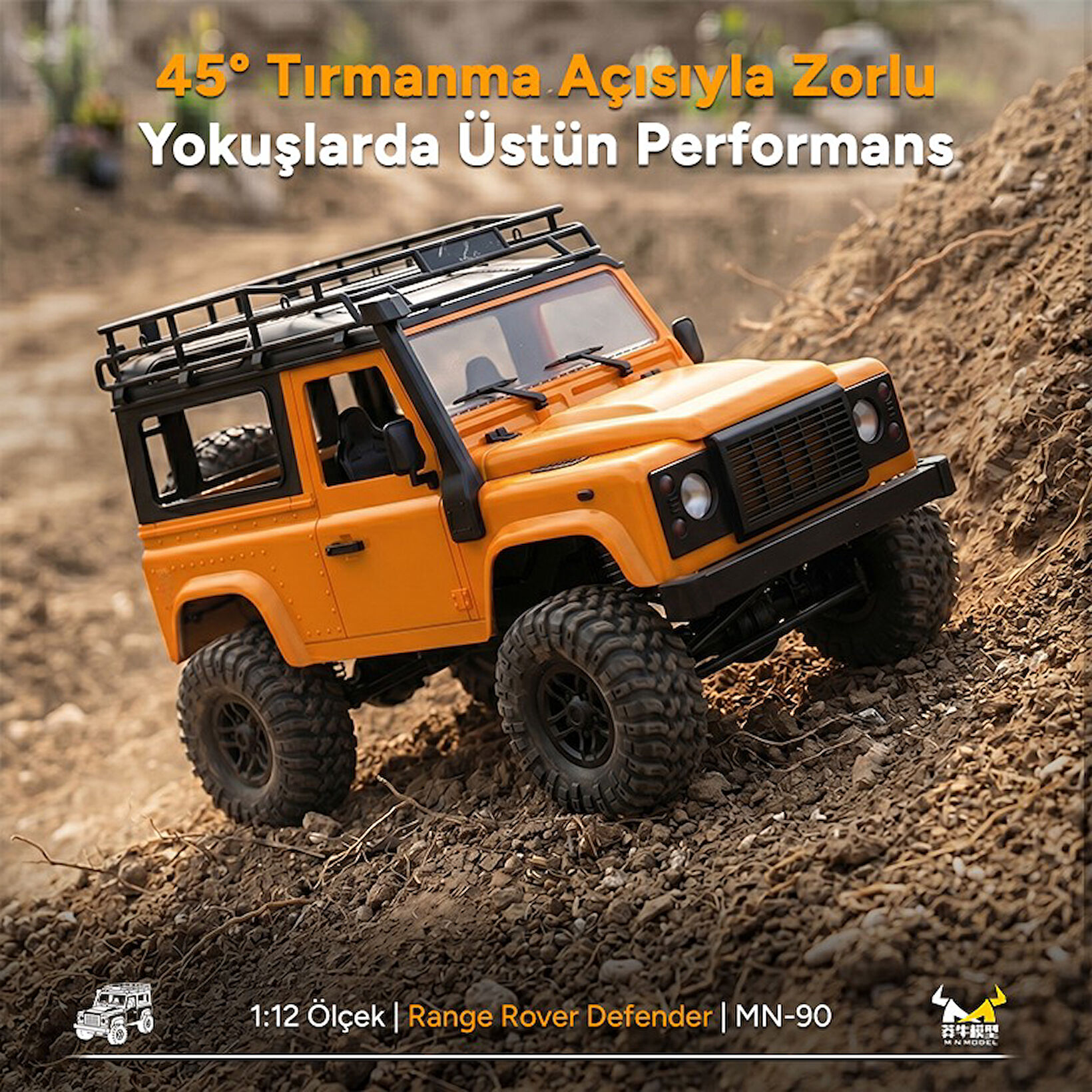 Turuncu RC Range Rover Defender, kayalık bir yokuşta yokuş yukarı gidiyor.