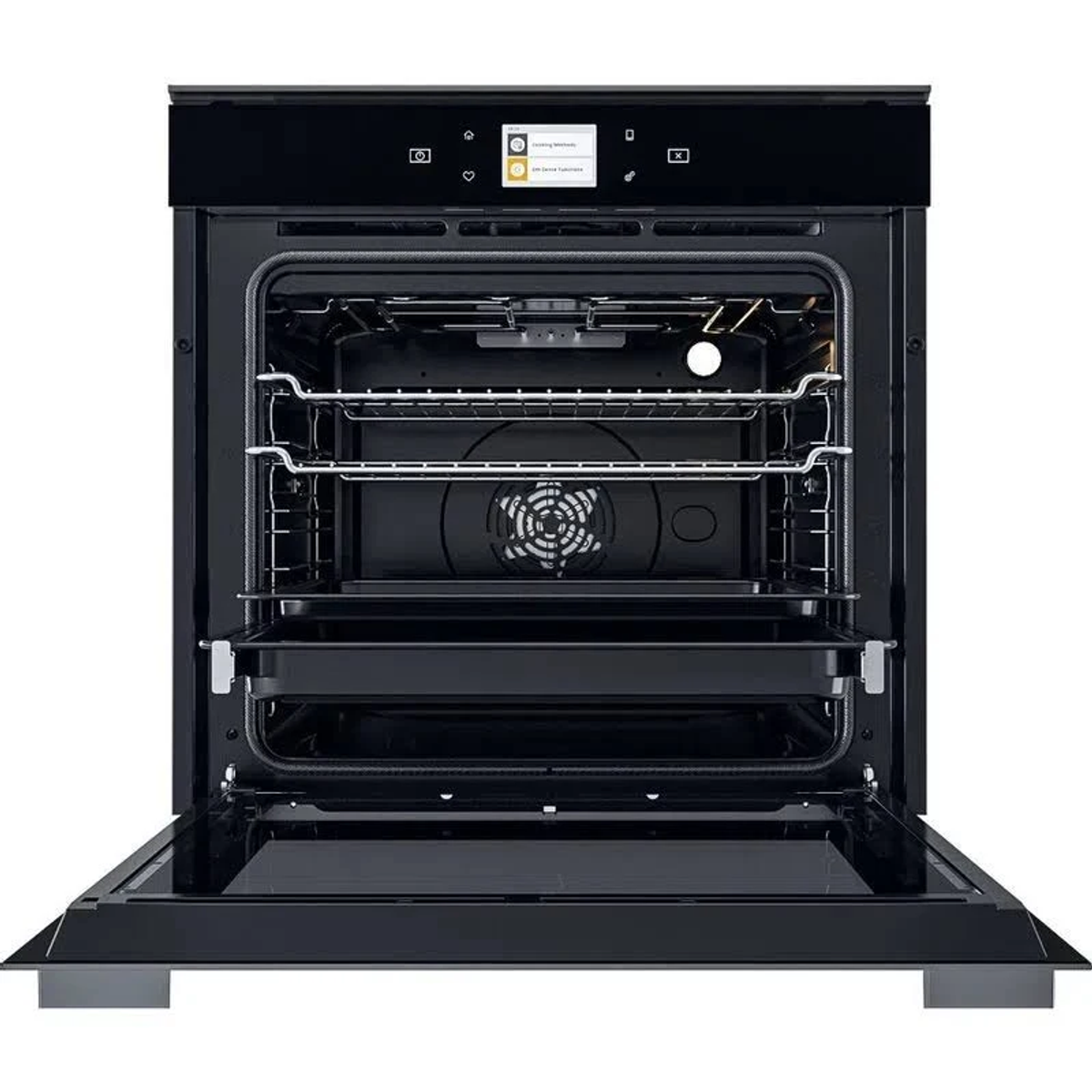 Un forno da incasso nero con porta aperta, che mostra griglie e display digitale.