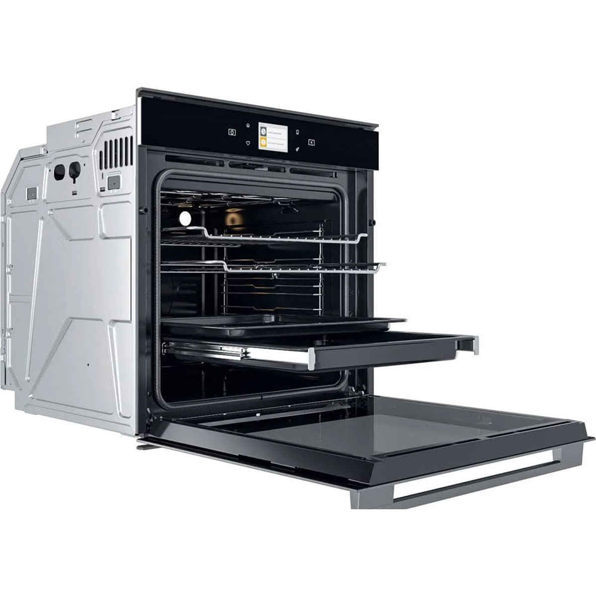Un forno da incasso moderno con cassetto estratto e porta aperta.