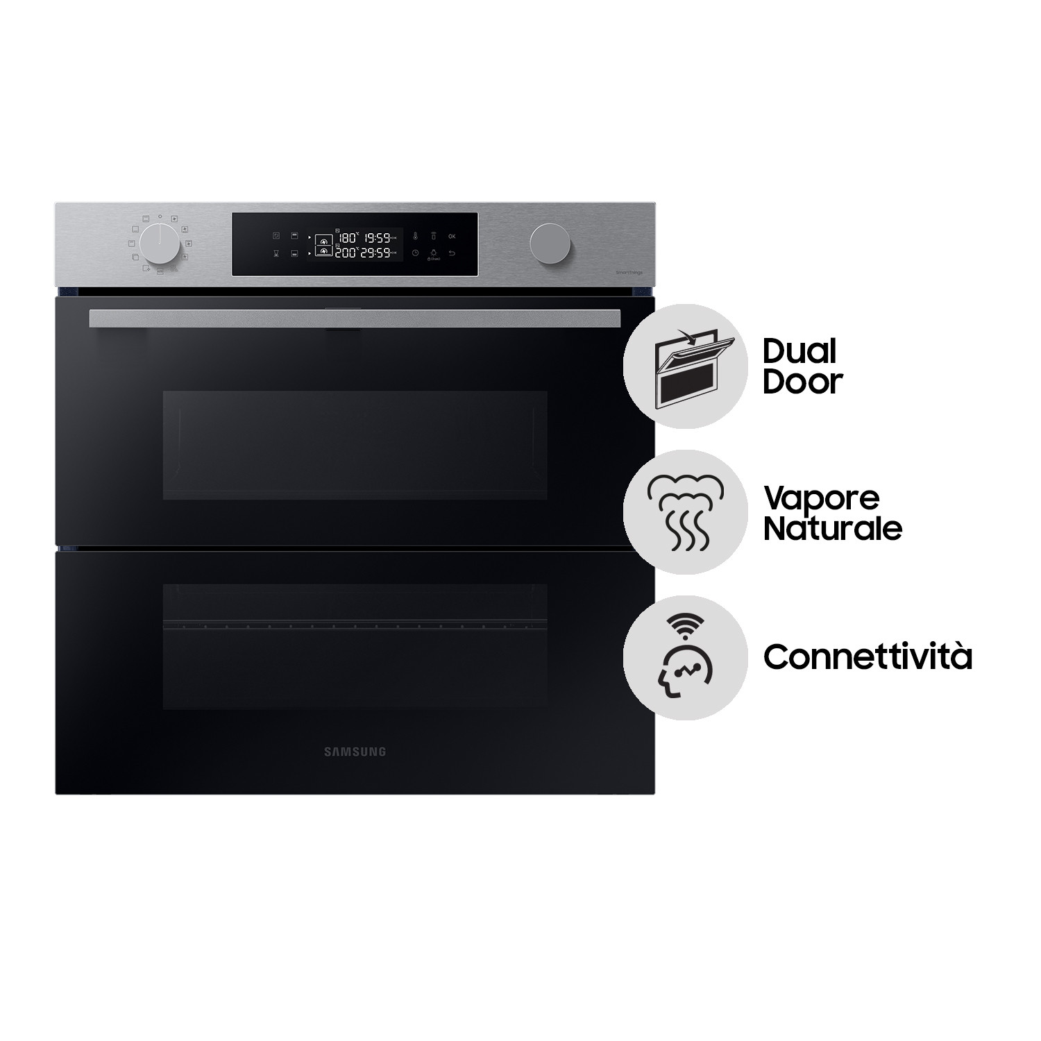 Forno Samsung moderno con doppia porta e pannello di controllo digitale.