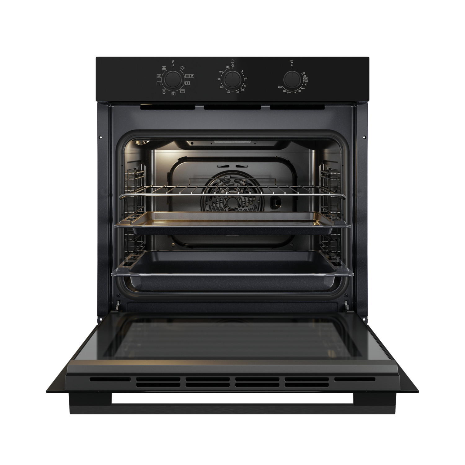 Un forno da incasso nero con la porta aperta, che mostra due griglie e una teglia.