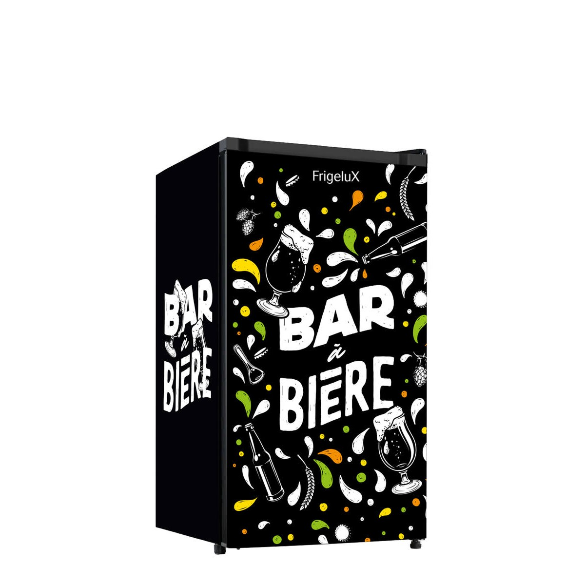 Mini frigo nero con scritta "Bar à Bière" e grafica a tema birra.