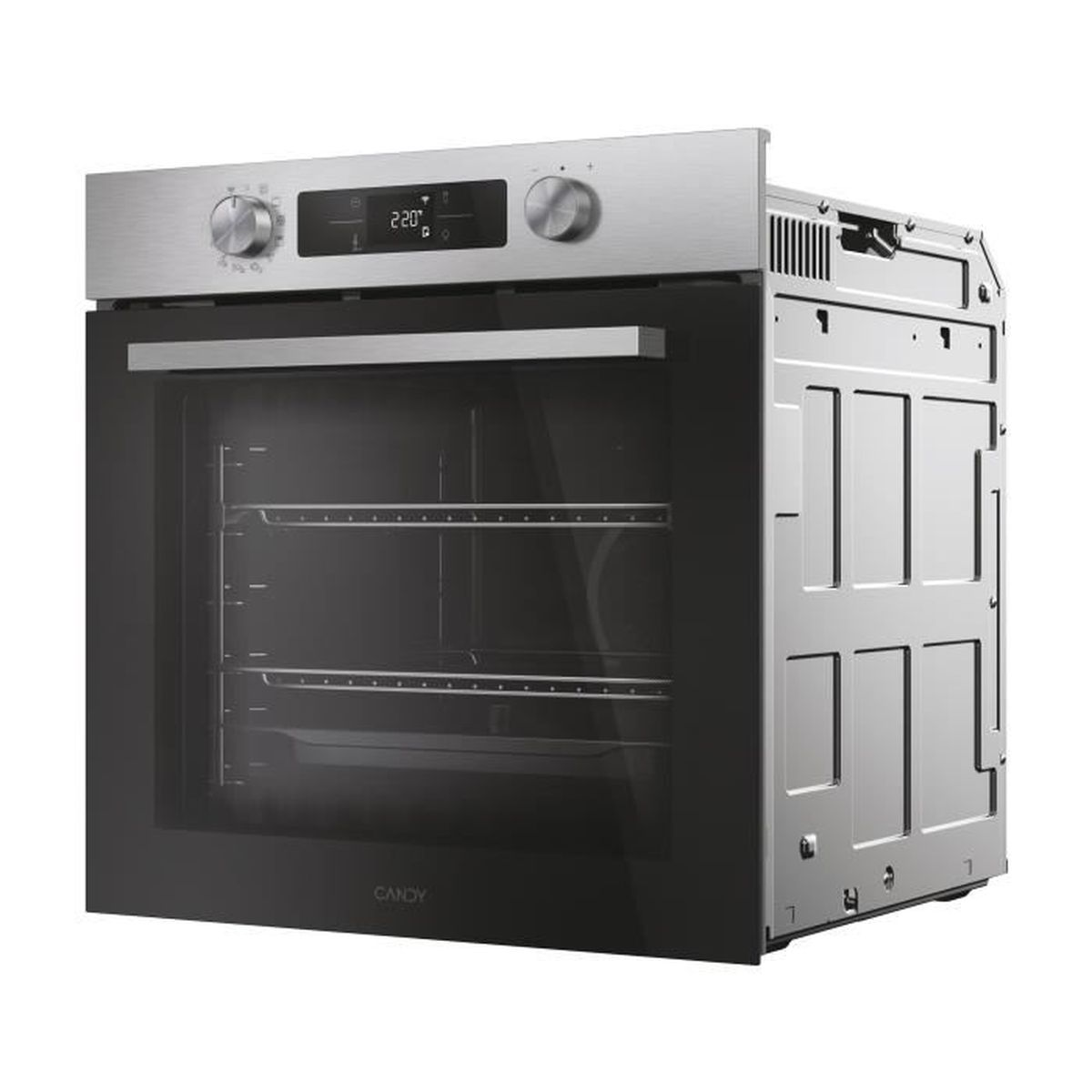 Un moderno forno in acciaio inossidabile con porta in vetro nero e display digitale.