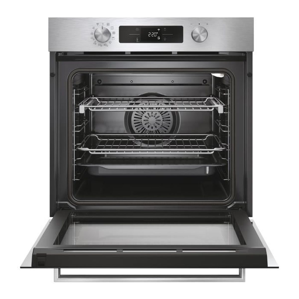 Forno aperto in acciaio inox con due griglie e una teglia sulla griglia inferiore.