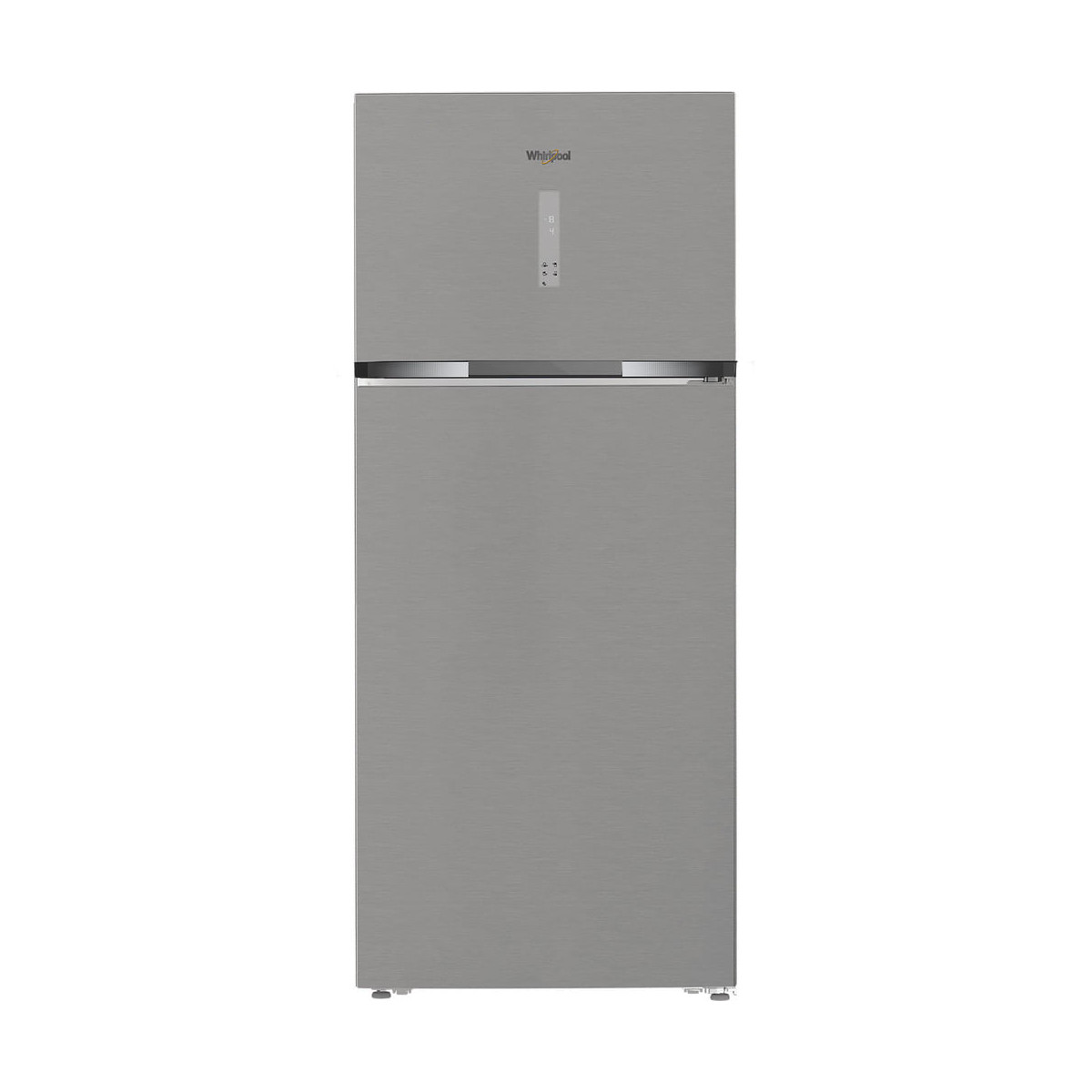 Un frigorifero Whirlpool grigio con congelatore in alto. Mostra un pannello digitale.