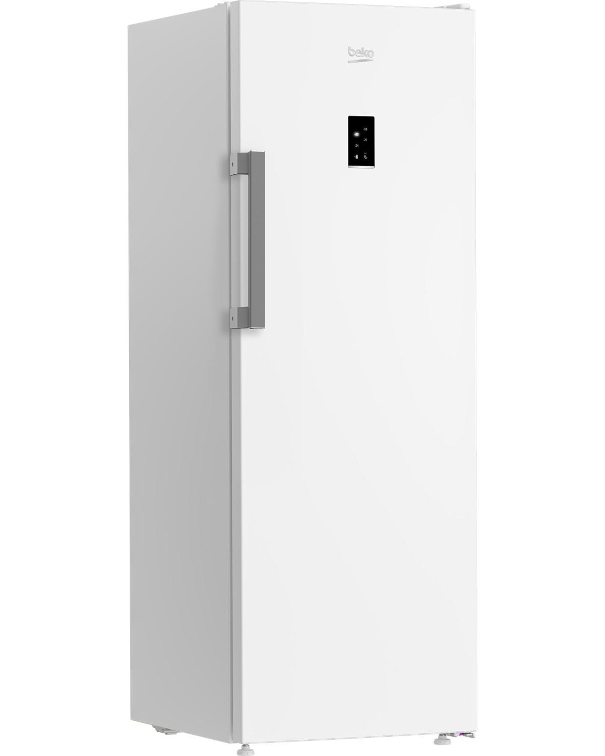Ein weißer Beko-Gefrierschrank mit silbernem Griff und digitalem Display.