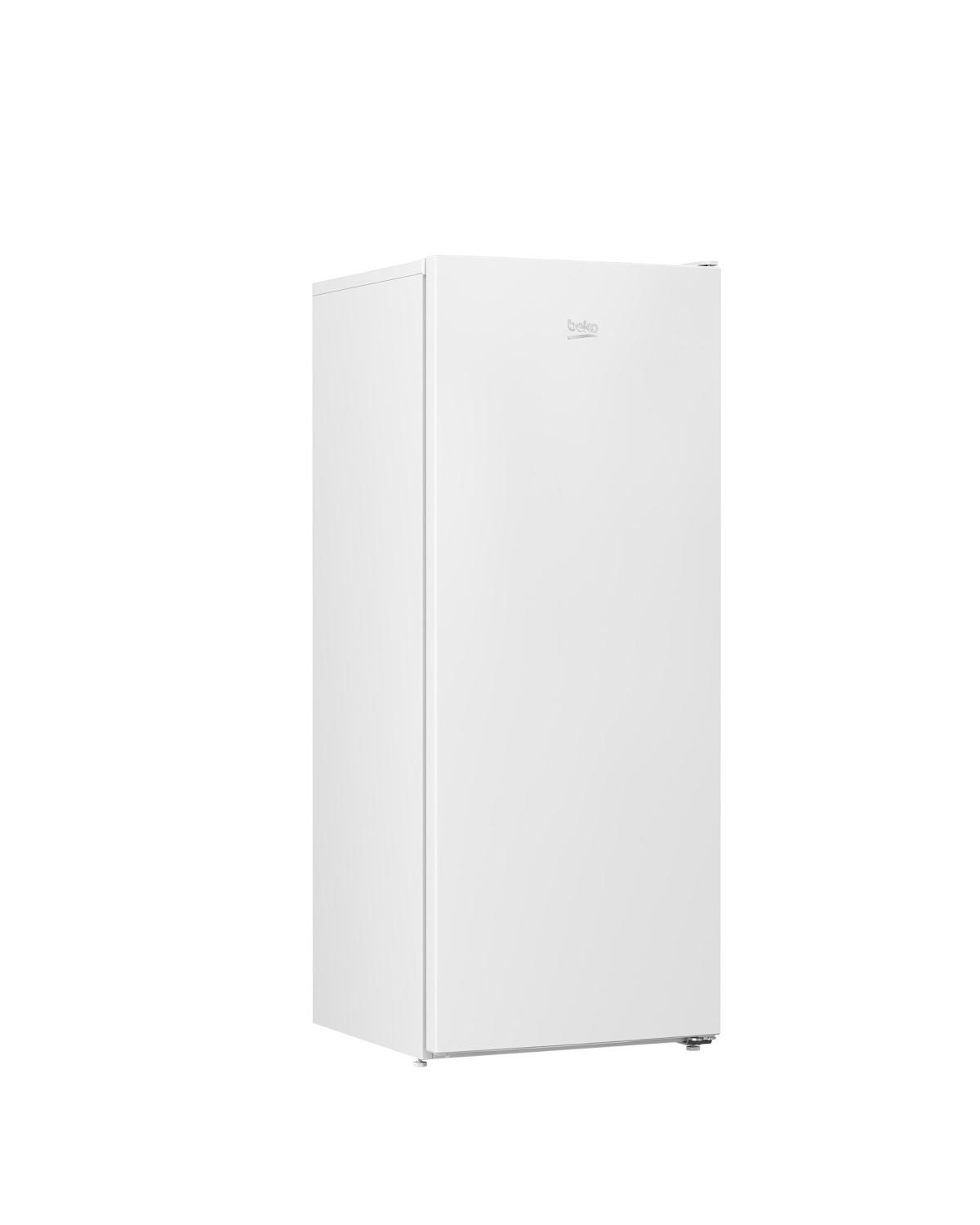 Un frigorifero bianco e sottile con il logo Beko sul davanti.